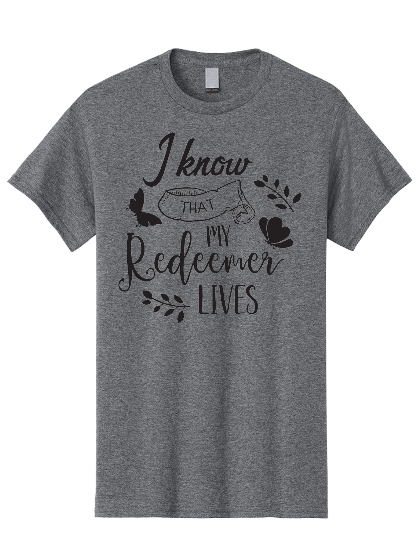 I-Know-That-My-Redeemer-Lives Men'S Graphic Tee, 100% Cotton, Comfortable Casual Summer Wear, Machine Washable, Faithful Quote, Inspirational Words, Religious Text, Butterflies, Leaves, Spiritual Message, Motivational Phrase, Black Typography, Aac849