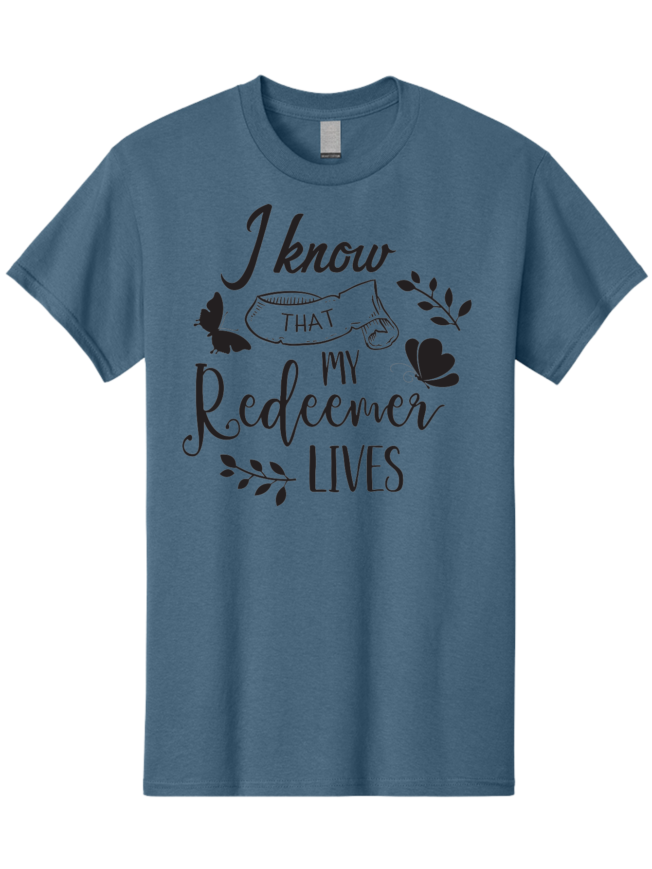 I-Know-That-My-Redeemer-Lives Men'S Graphic Tee, 100% Cotton, Comfortable Casual Summer Wear, Machine Washable, Faithful Quote, Inspirational Words, Religious Text, Butterflies, Leaves, Spiritual Message, Motivational Phrase, Black Typography, Aac849