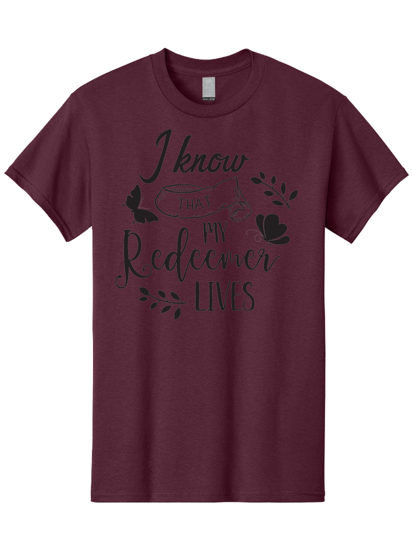 I-Know-That-My-Redeemer-Lives Men'S Graphic Tee, 100% Cotton, Comfortable Casual Summer Wear, Machine Washable, Faithful Quote, Inspirational Words, Religious Text, Butterflies, Leaves, Spiritual Message, Motivational Phrase, Black Typography, Aac849
