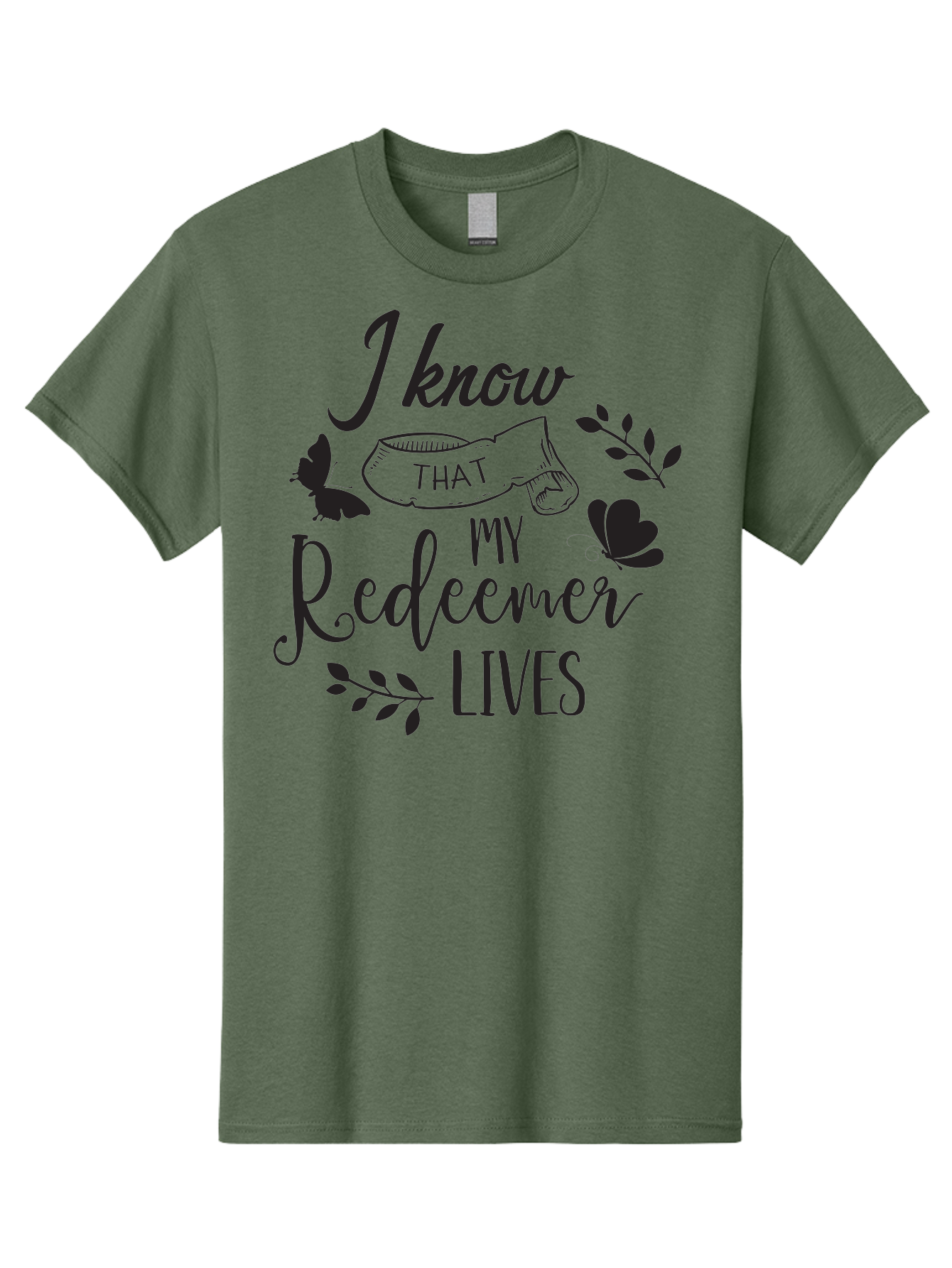 I-Know-That-My-Redeemer-Lives Men'S Graphic Tee, 100% Cotton, Comfortable Casual Summer Wear, Machine Washable, Faithful Quote, Inspirational Words, Religious Text, Butterflies, Leaves, Spiritual Message, Motivational Phrase, Black Typography, Aac849