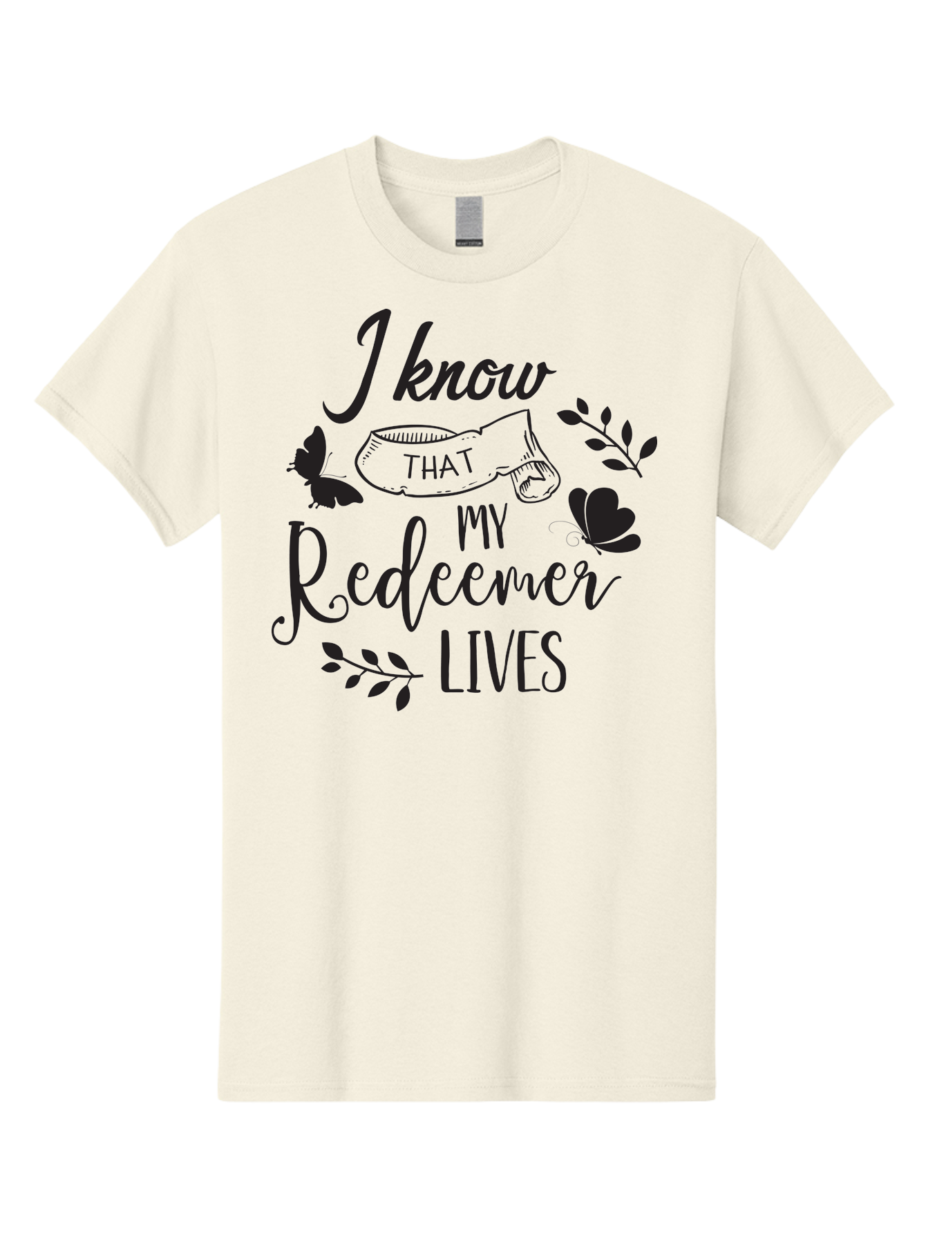 I-Know-That-My-Redeemer-Lives Men'S Graphic Tee, 100% Cotton, Comfortable Casual Summer Wear, Machine Washable, Faithful Quote, Inspirational Words, Religious Text, Butterflies, Leaves, Spiritual Message, Motivational Phrase, Black Typography, Aac849