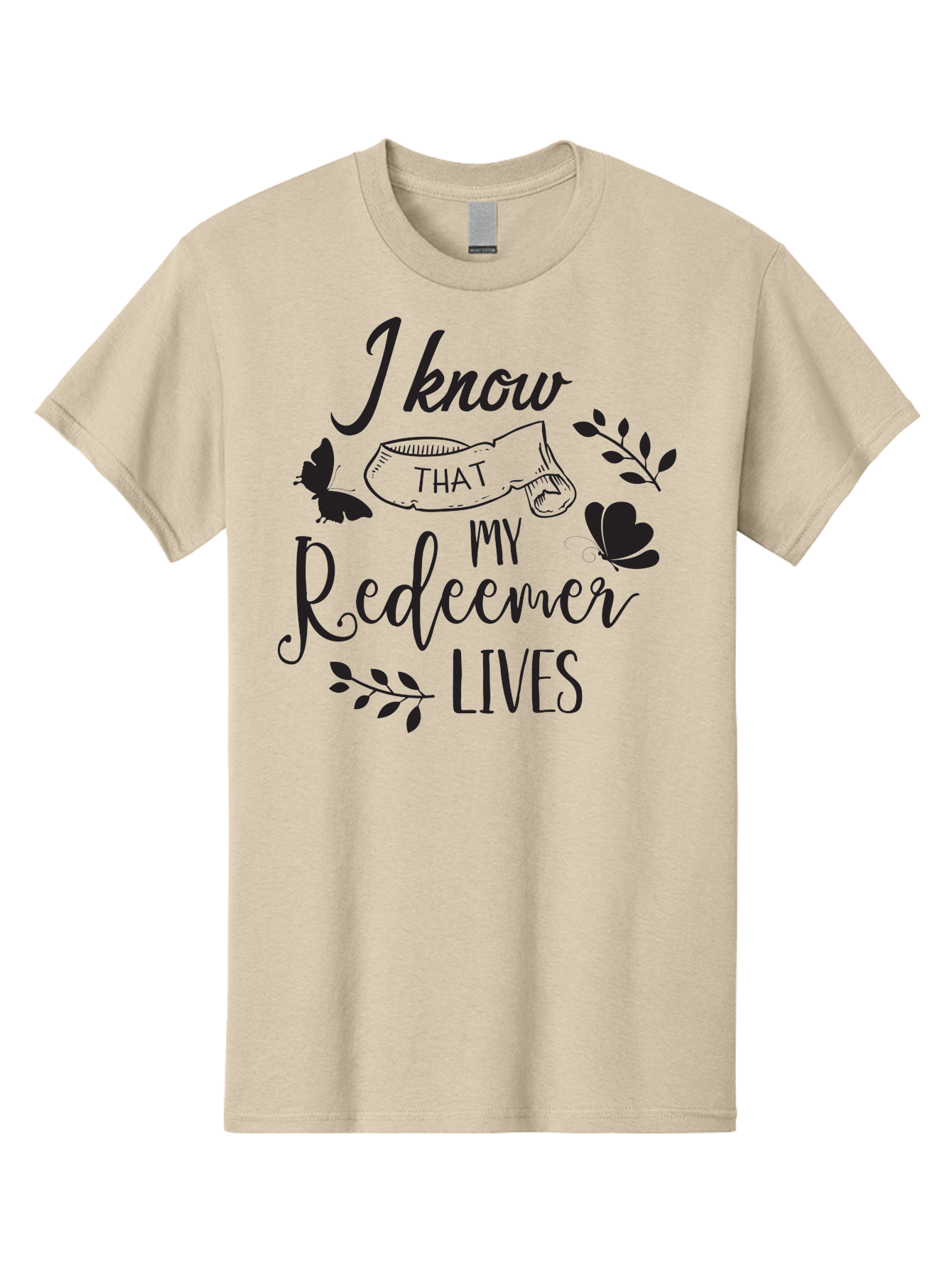 I-Know-That-My-Redeemer-Lives Men'S Graphic Tee, 100% Cotton, Comfortable Casual Summer Wear, Machine Washable, Faithful Quote, Inspirational Words, Religious Text, Butterflies, Leaves, Spiritual Message, Motivational Phrase, Black Typography, Aac849