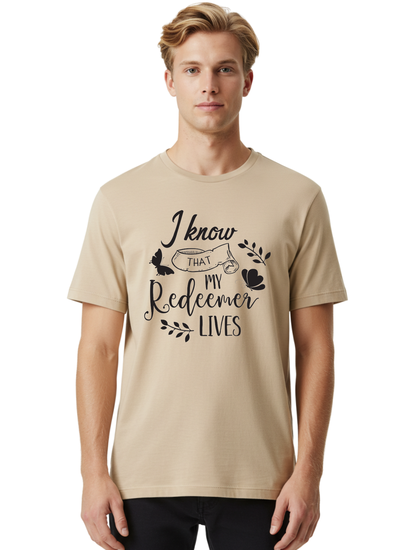 I-Know-That-My-Redeemer-Lives Men'S Graphic Tee, 100% Cotton, Comfortable Casual Summer Wear, Machine Washable, Faithful Quote, Inspirational Words, Religious Text, Butterflies, Leaves, Spiritual Message, Motivational Phrase, Black Typography, Aac849