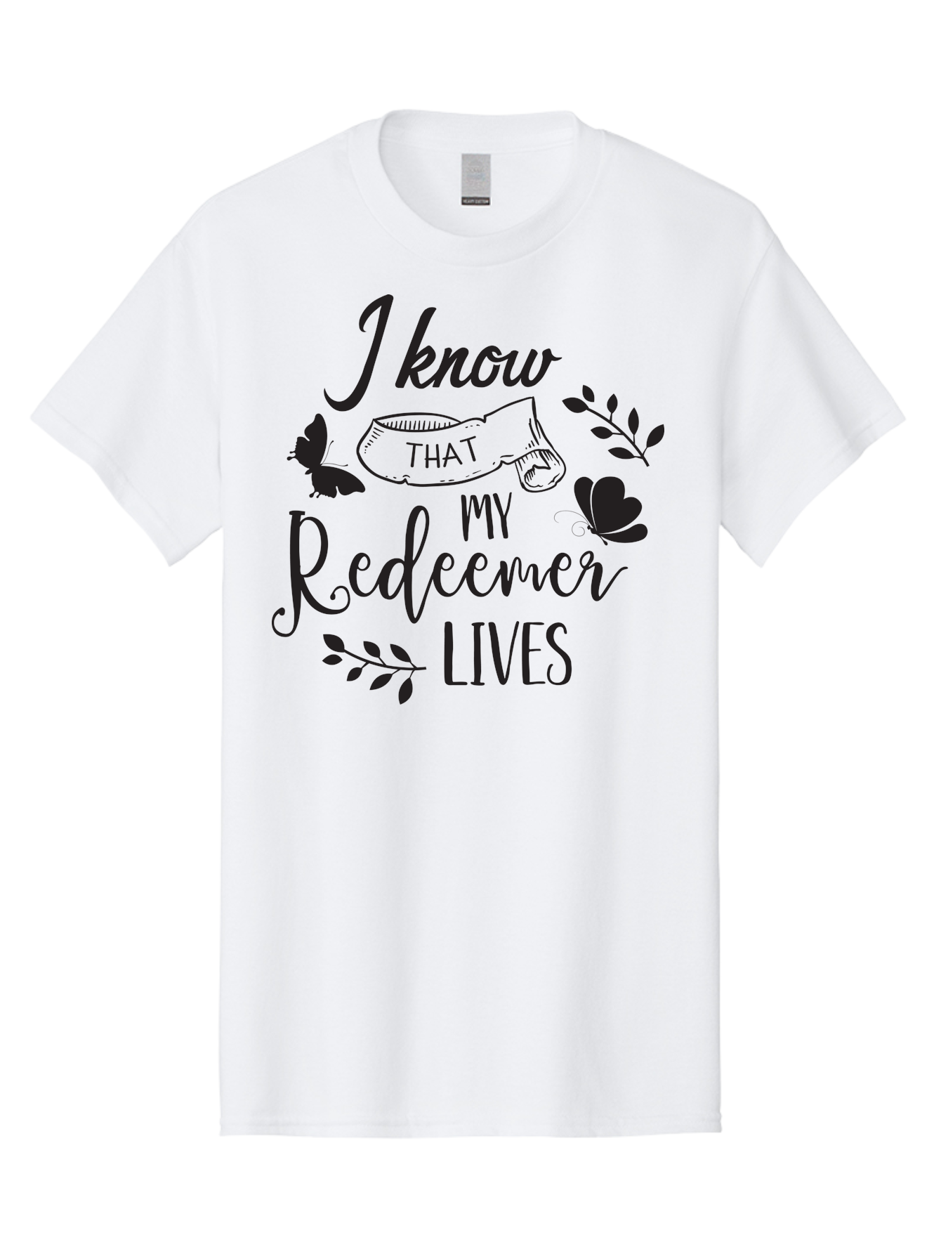 I-Know-That-My-Redeemer-Lives Men'S Graphic Tee, 100% Cotton, Comfortable Casual Summer Wear, Machine Washable, Faithful Quote, Inspirational Words, Religious Text, Butterflies, Leaves, Spiritual Message, Motivational Phrase, Black Typography, Aac849
