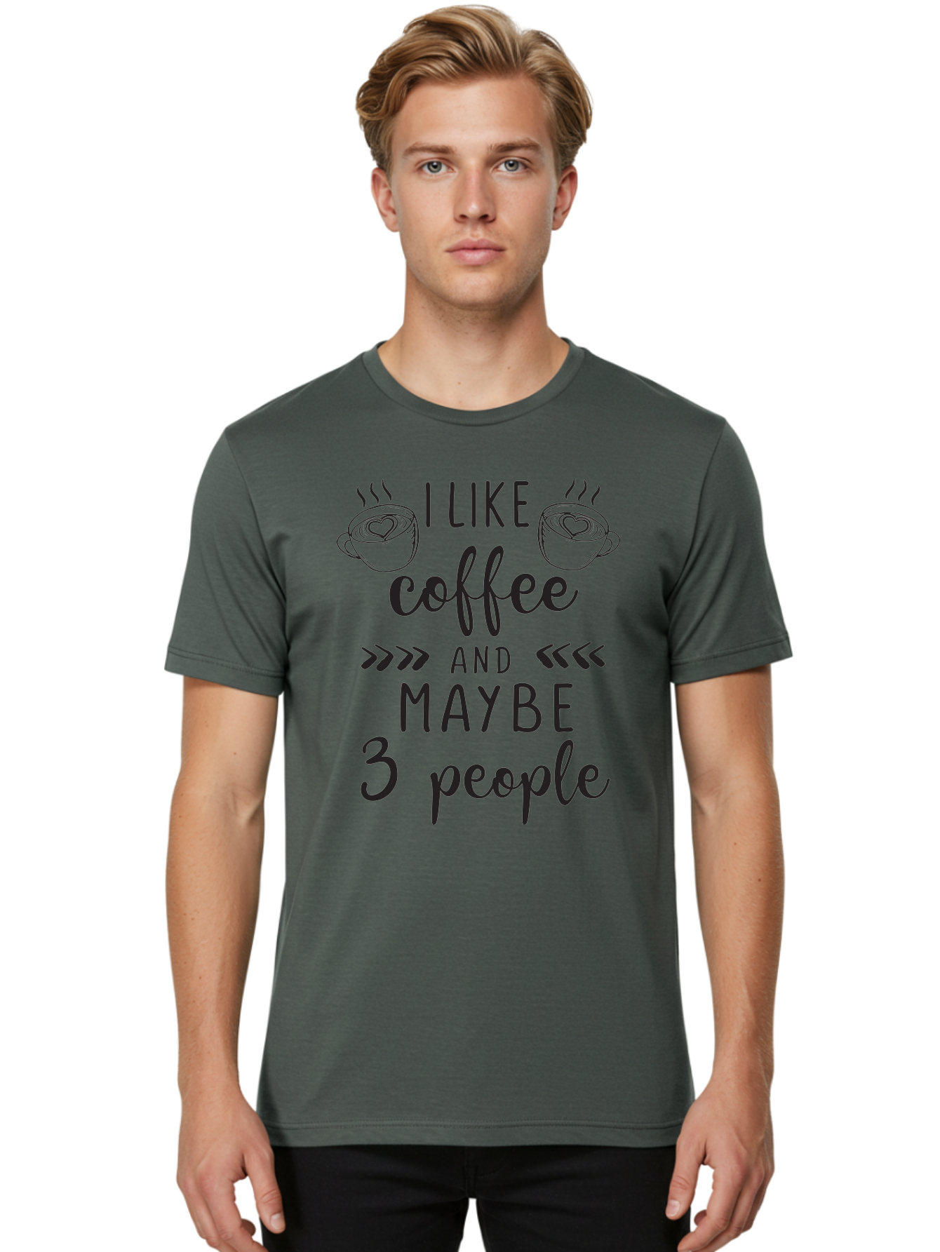 I-Like-Coffee-And-Maybe-3-People Men'S Graphic Tee, 100% Cotton, Comfortable Casual Summer Wear, Machine Washable, Coffee Lover, Quirky Humor, Anti-Social Humor, Coffee Quotes, Funny Sayings, Coffee Cups With Hearts, Hand-Drawn Elements, Aac850