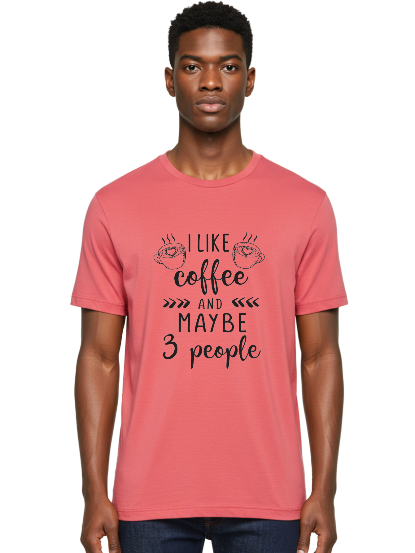 I-Like-Coffee-And-Maybe-3-People Men'S Graphic Tee, 100% Cotton, Comfortable Casual Summer Wear, Machine Washable, Coffee Lover, Quirky Humor, Anti-Social Humor, Coffee Quotes, Funny Sayings, Coffee Cups With Hearts, Hand-Drawn Elements, Aac850