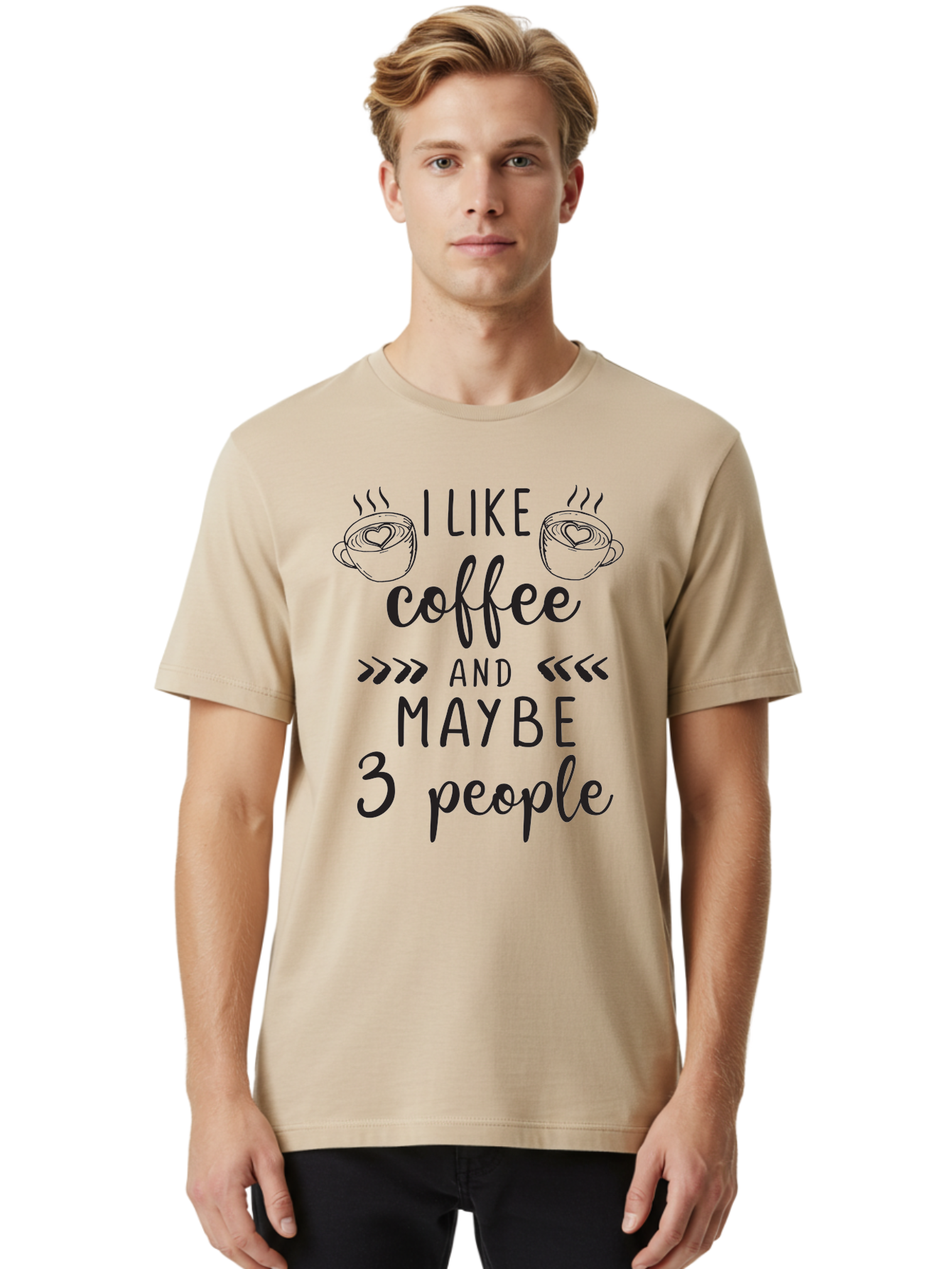 I-Like-Coffee-And-Maybe-3-People Men'S Graphic Tee, 100% Cotton, Comfortable Casual Summer Wear, Machine Washable, Coffee Lover, Quirky Humor, Anti-Social Humor, Coffee Quotes, Funny Sayings, Coffee Cups With Hearts, Hand-Drawn Elements, Aac850
