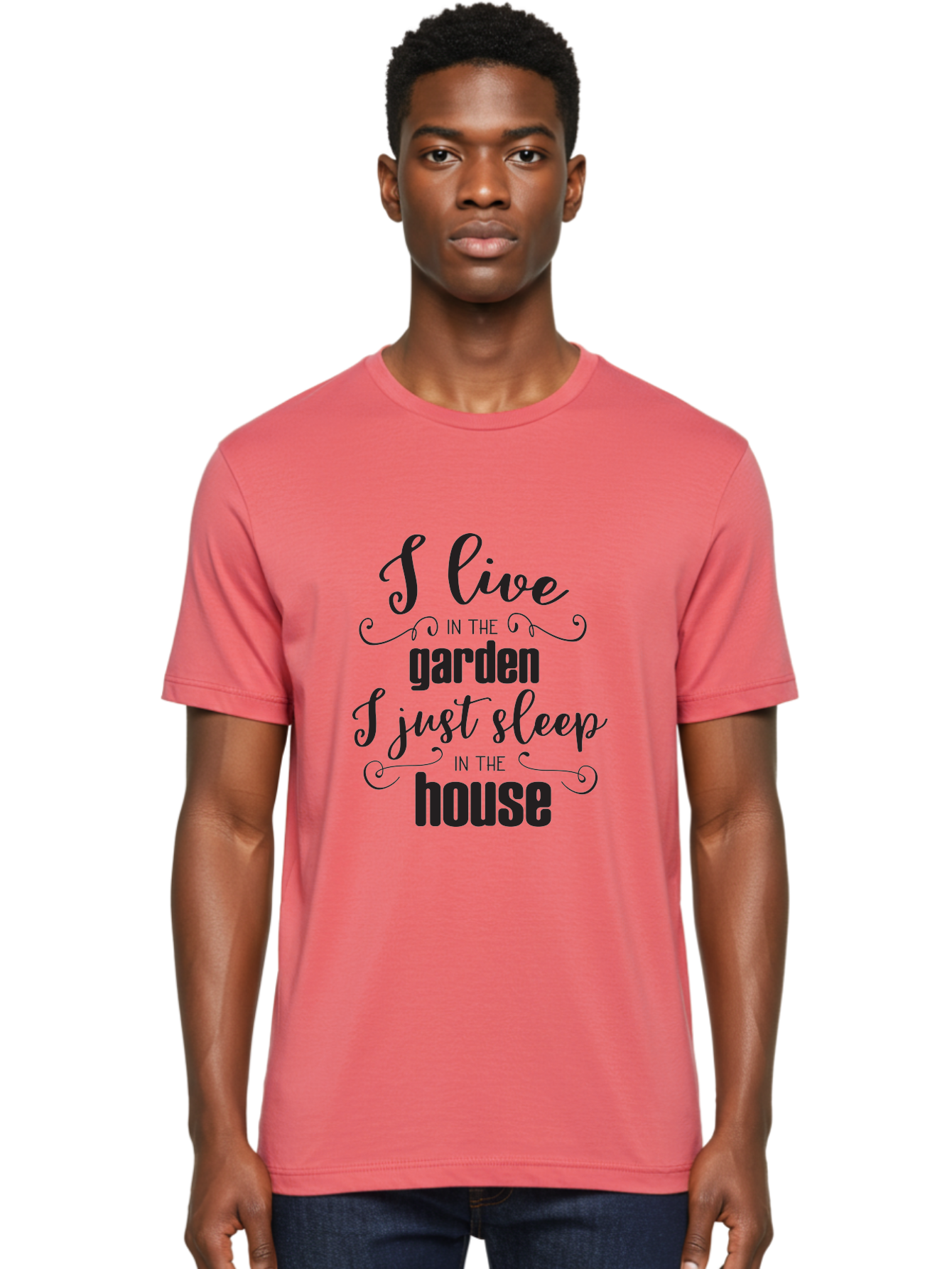 I-Live-In-The-Garden-I-Just-Sleep-In-The-House Men'S Graphic Tee, 100% Cotton, Comfortable Casual Summer Wear, Machine Washable, Inspirational Quote, Garden Lover, House And Garden, Outdoor Living, Nature Enthusiast, Gardening Life, Quote Art, Aac852