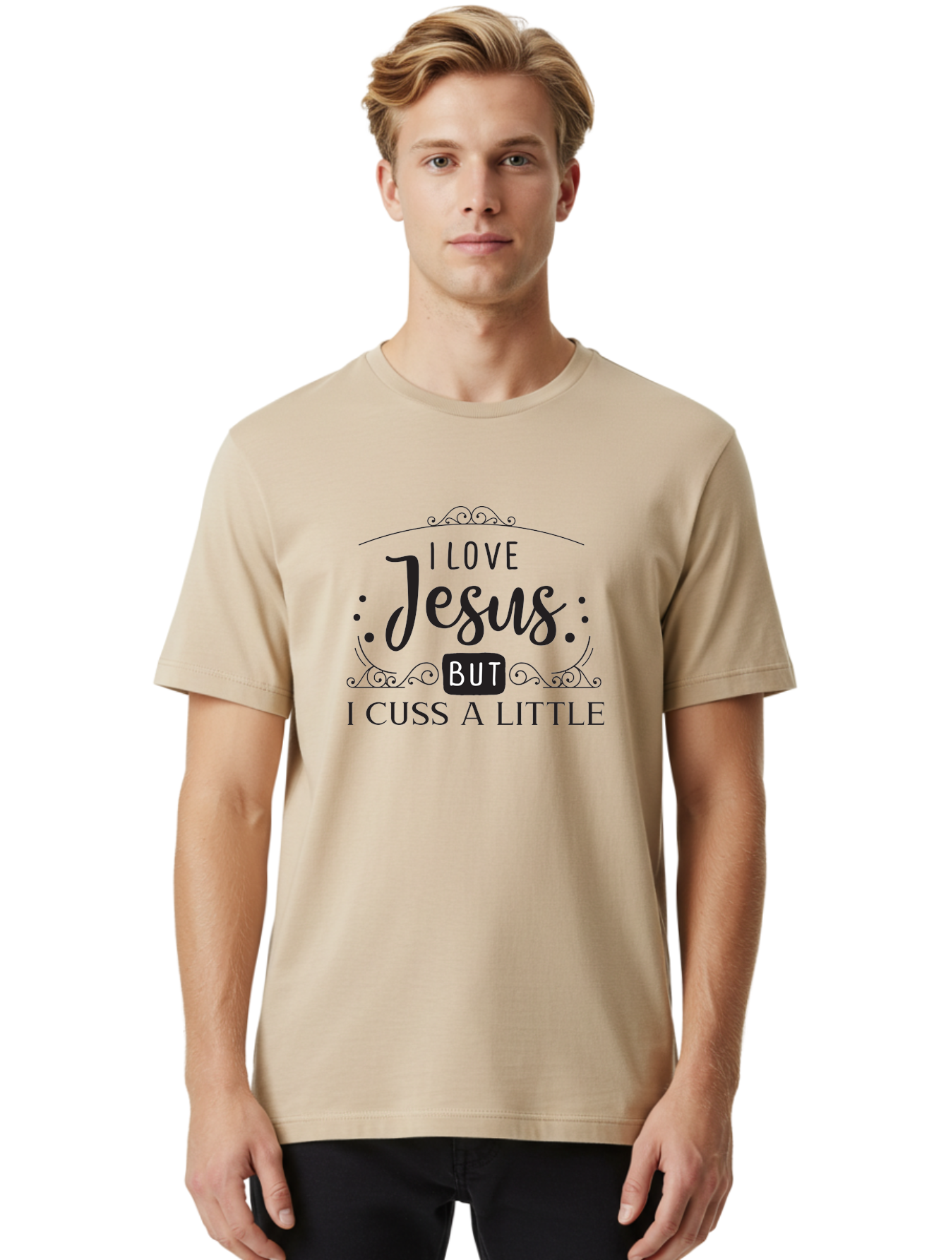 I-Love-Jesus-But-I-Cuss-A-Little Men'S Graphic Tee, 100% Cotton, Comfortable Casual Summer Wear, Machine Washable, Faithful Saying, Inspirational Quote, Jesus Love, Cussing Humor, Christian Faith, Religious Phrase, Inspirational Words, Aac855