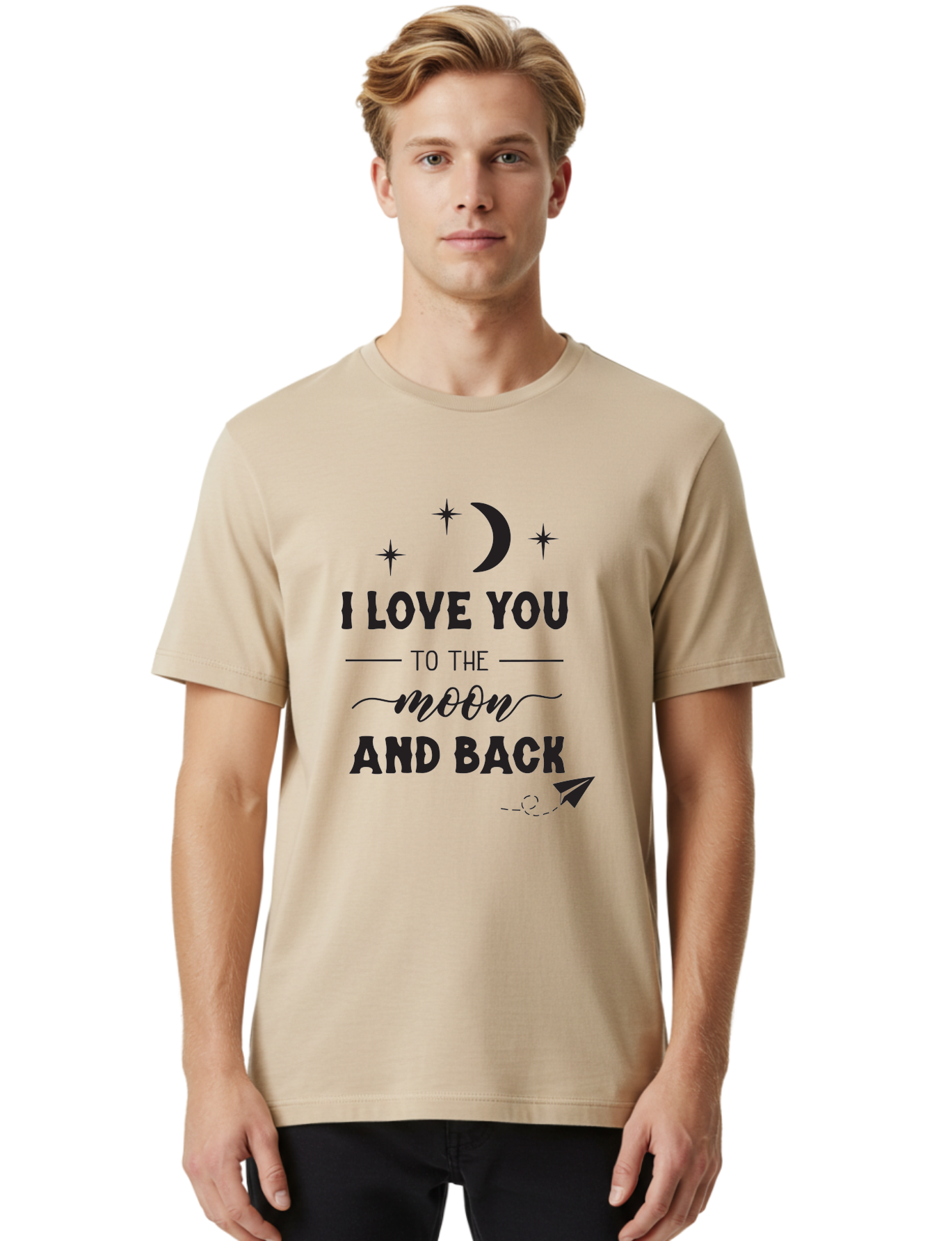 I-Love-You-To-The-Moon-And-Back Men'S Graphic Tee, 100% Cotton, Comfortable Casual Summer Wear, Machine Washable, Love Quote, Romantic Phrase, Moon And Stars, Celestial Theme, Sweet Sentiment, Heartfelt Expression, Loving Message, Aac858
