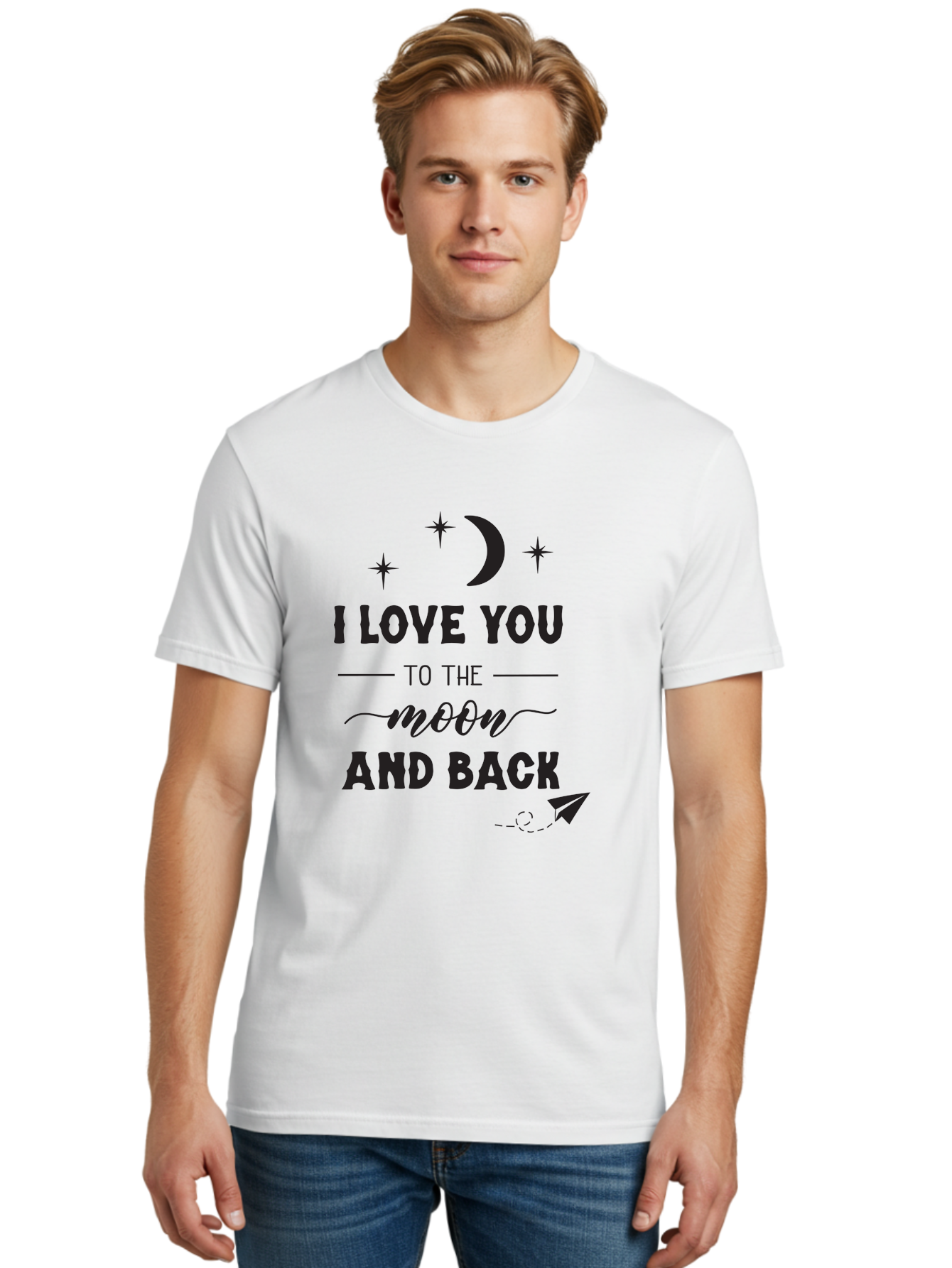 I-Love-You-To-The-Moon-And-Back Men'S Graphic Tee, 100% Cotton, Comfortable Casual Summer Wear, Machine Washable, Love Quote, Romantic Phrase, Moon And Stars, Celestial Theme, Sweet Sentiment, Heartfelt Expression, Loving Message, Aac858