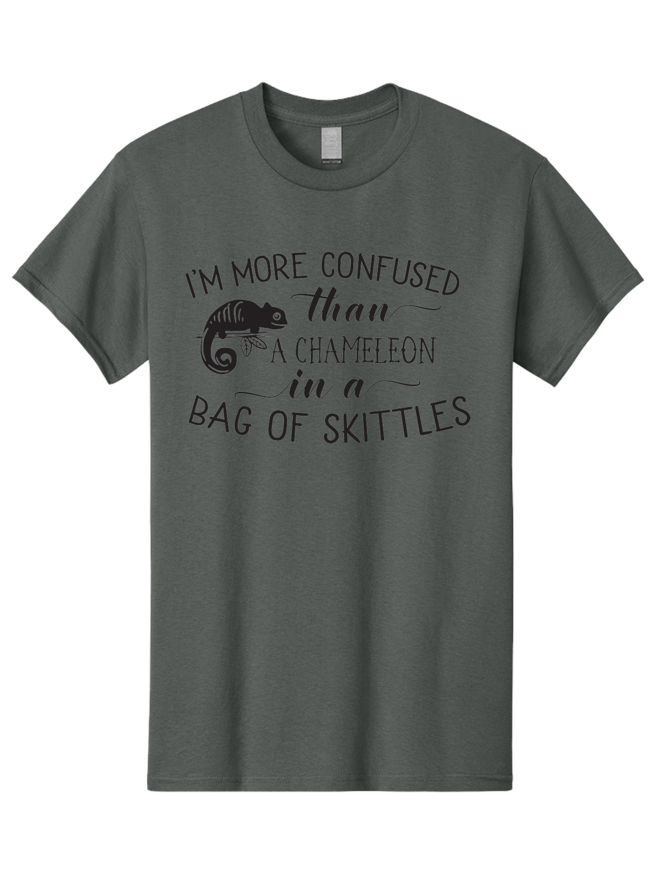 I-M-More-Confused-Than-A-Chameleon-In-A-Bag-Of-Skittles Men'S Graphic Tee, 100% Cotton, Comfortable Casual Summer Wear, Machine Washable, Funny Quote, Humorous Saying, Confused Chameleon, Bag Of Skittles, Playful Graphic, Whimsical Design, Aac863
