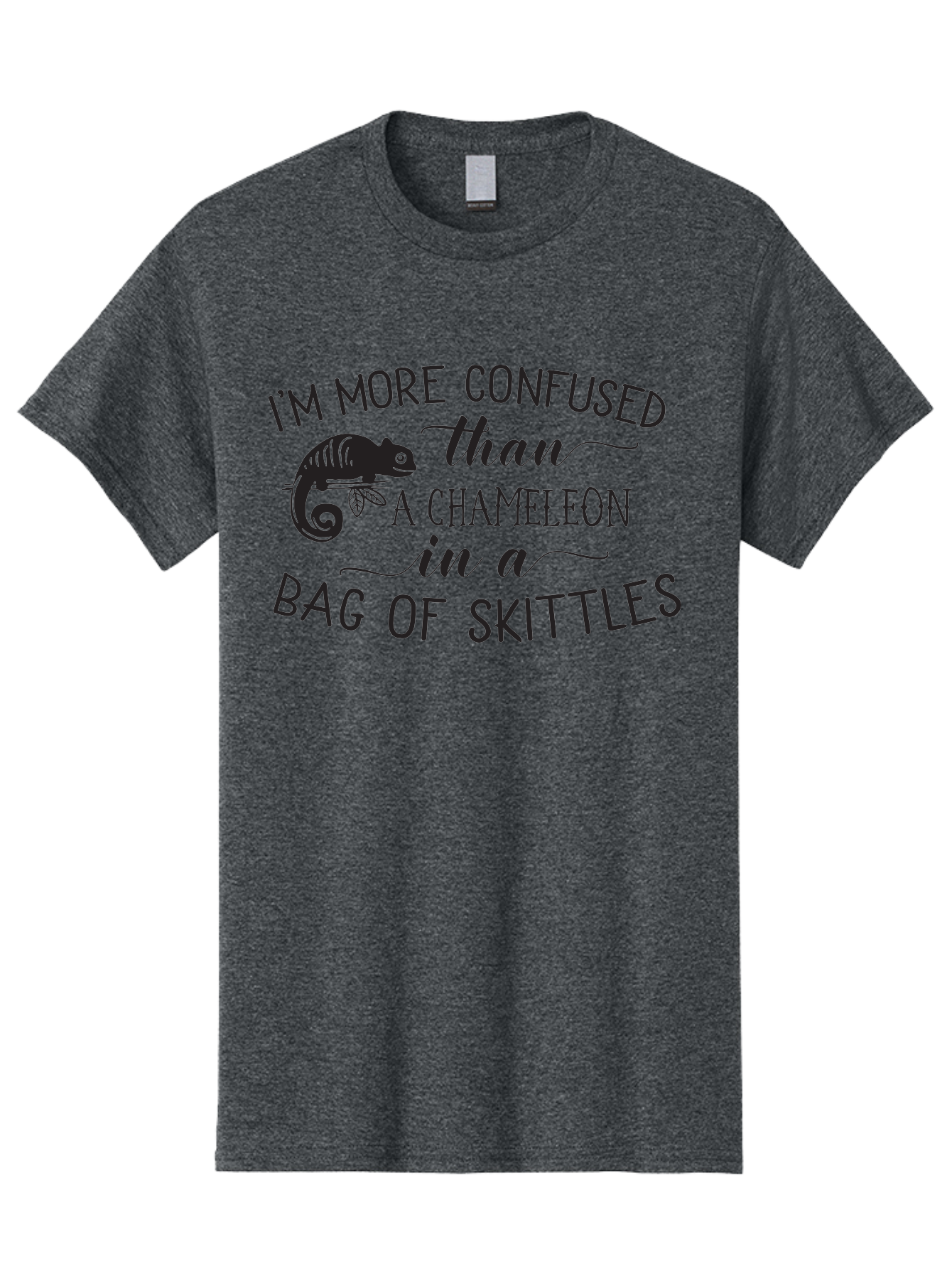 I-M-More-Confused-Than-A-Chameleon-In-A-Bag-Of-Skittles Men'S Graphic Tee, 100% Cotton, Comfortable Casual Summer Wear, Machine Washable, Funny Quote, Humorous Saying, Confused Chameleon, Bag Of Skittles, Playful Graphic, Whimsical Design, Aac863