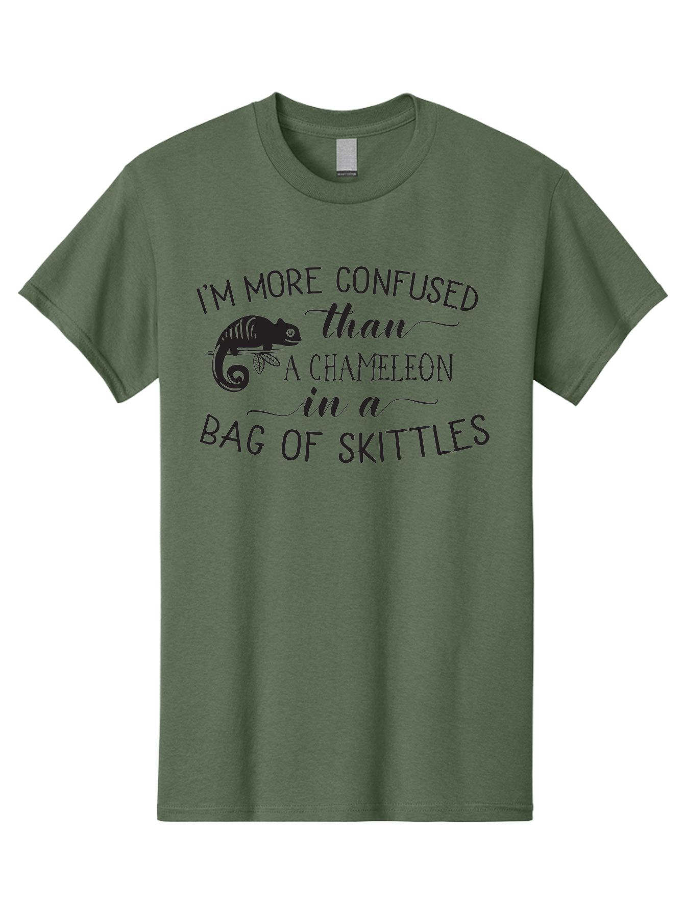 I-M-More-Confused-Than-A-Chameleon-In-A-Bag-Of-Skittles Men'S Graphic Tee, 100% Cotton, Comfortable Casual Summer Wear, Machine Washable, Funny Quote, Humorous Saying, Confused Chameleon, Bag Of Skittles, Playful Graphic, Whimsical Design, Aac863