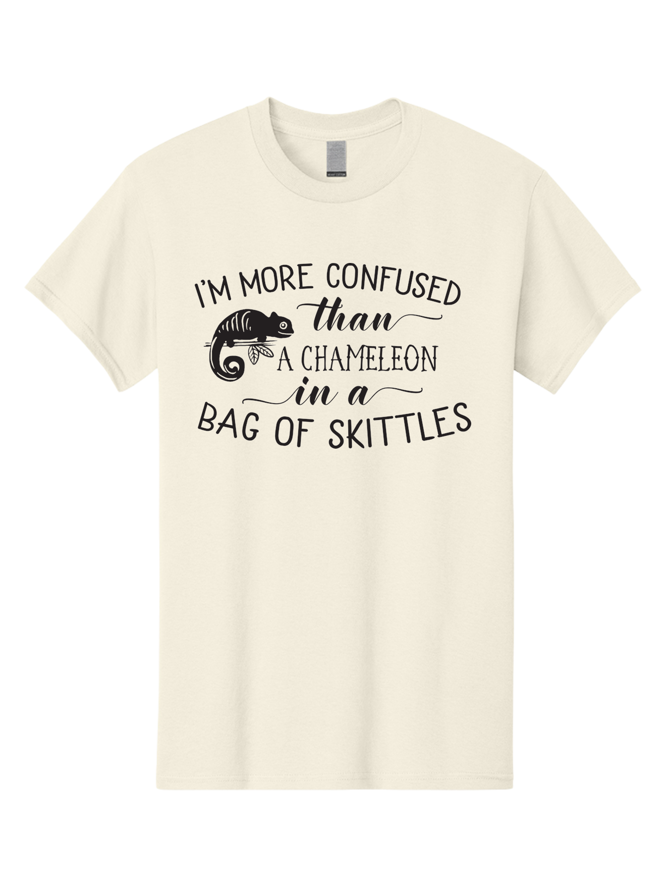 I-M-More-Confused-Than-A-Chameleon-In-A-Bag-Of-Skittles Men'S Graphic Tee, 100% Cotton, Comfortable Casual Summer Wear, Machine Washable, Funny Quote, Humorous Saying, Confused Chameleon, Bag Of Skittles, Playful Graphic, Whimsical Design, Aac863