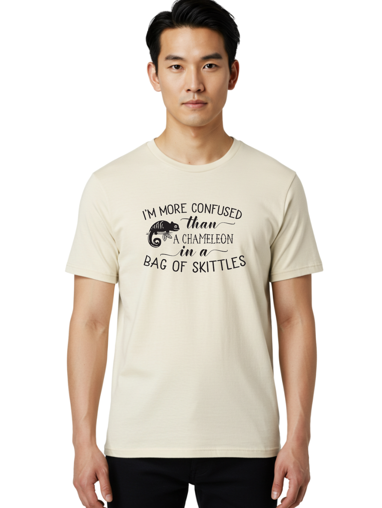I-M-More-Confused-Than-A-Chameleon-In-A-Bag-Of-Skittles Men'S Graphic Tee, 100% Cotton, Comfortable Casual Summer Wear, Machine Washable, Funny Quote, Humorous Saying, Confused Chameleon, Bag Of Skittles, Playful Graphic, Whimsical Design, Aac863