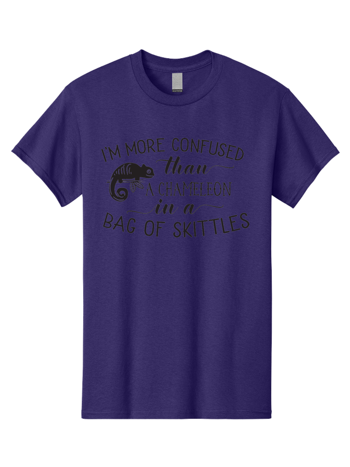 I-M-More-Confused-Than-A-Chameleon-In-A-Bag-Of-Skittles Men'S Graphic Tee, 100% Cotton, Comfortable Casual Summer Wear, Machine Washable, Funny Quote, Humorous Saying, Confused Chameleon, Bag Of Skittles, Playful Graphic, Whimsical Design, Aac863