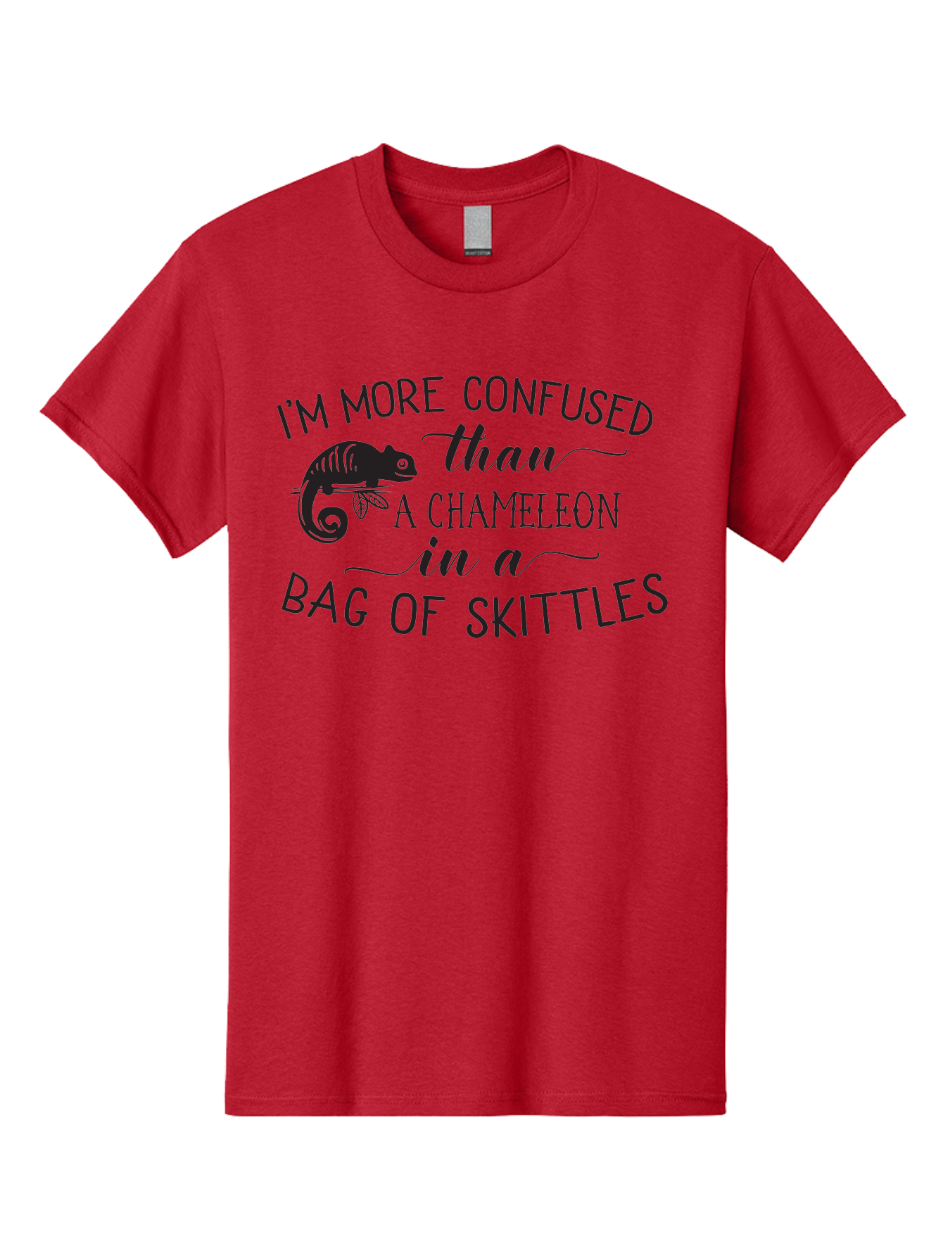 I-M-More-Confused-Than-A-Chameleon-In-A-Bag-Of-Skittles Men'S Graphic Tee, 100% Cotton, Comfortable Casual Summer Wear, Machine Washable, Funny Quote, Humorous Saying, Confused Chameleon, Bag Of Skittles, Playful Graphic, Whimsical Design, Aac863