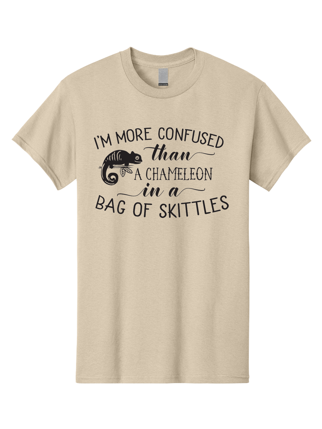I-M-More-Confused-Than-A-Chameleon-In-A-Bag-Of-Skittles Men'S Graphic Tee, 100% Cotton, Comfortable Casual Summer Wear, Machine Washable, Funny Quote, Humorous Saying, Confused Chameleon, Bag Of Skittles, Playful Graphic, Whimsical Design, Aac863