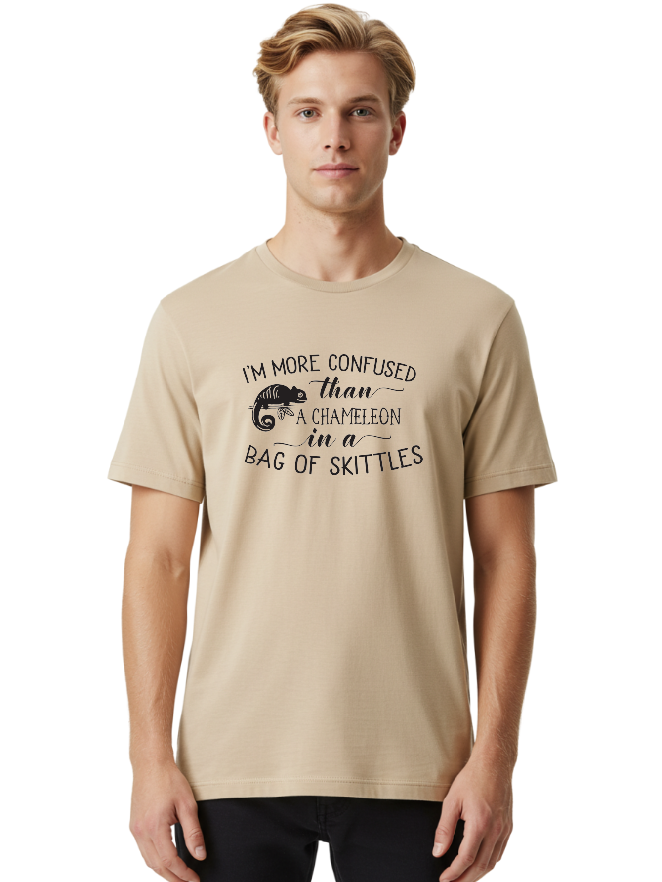I-M-More-Confused-Than-A-Chameleon-In-A-Bag-Of-Skittles Men'S Graphic Tee, 100% Cotton, Comfortable Casual Summer Wear, Machine Washable, Funny Quote, Humorous Saying, Confused Chameleon, Bag Of Skittles, Playful Graphic, Whimsical Design, Aac863