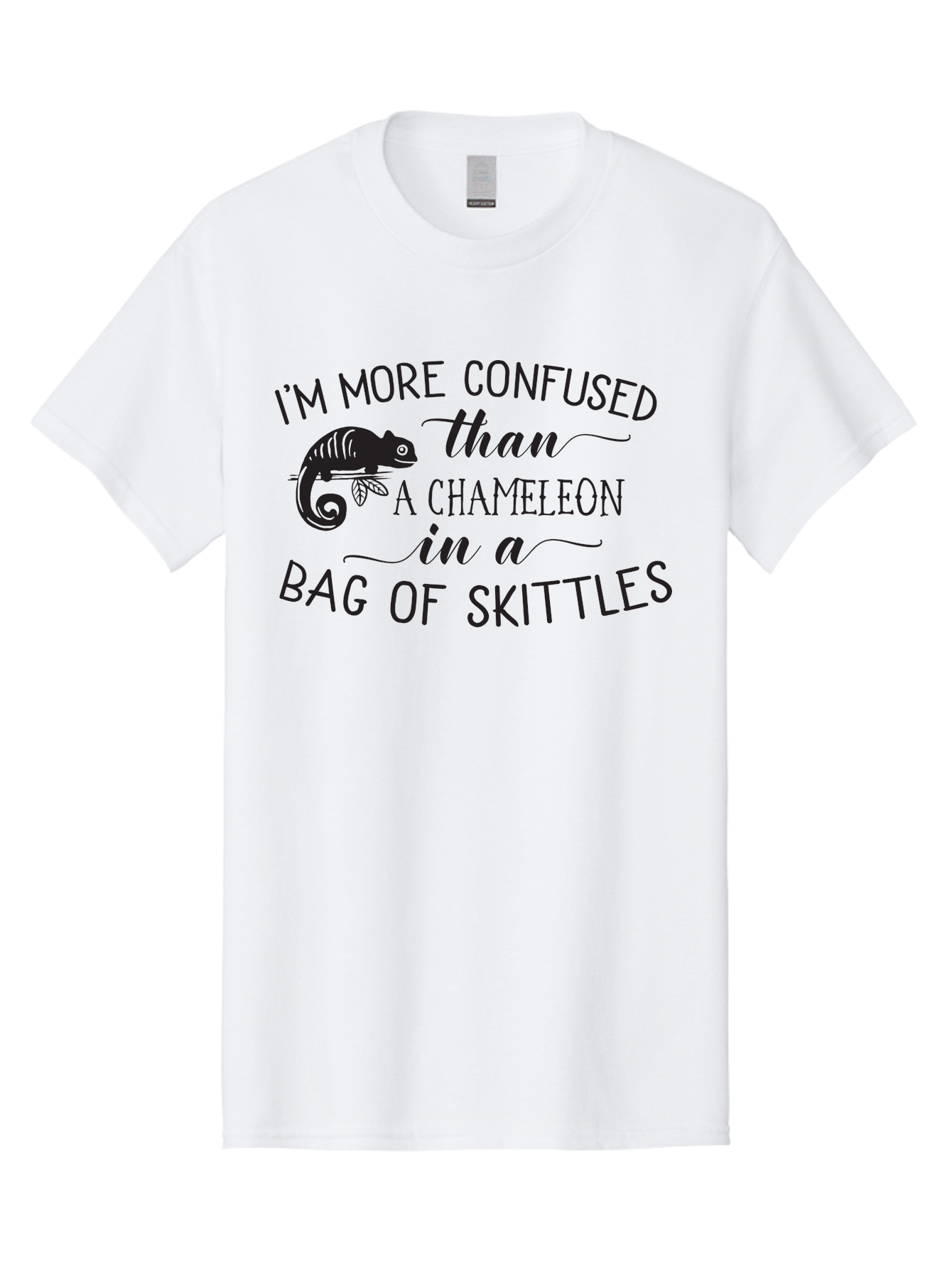 I-M-More-Confused-Than-A-Chameleon-In-A-Bag-Of-Skittles Men'S Graphic Tee, 100% Cotton, Comfortable Casual Summer Wear, Machine Washable, Funny Quote, Humorous Saying, Confused Chameleon, Bag Of Skittles, Playful Graphic, Whimsical Design, Aac863