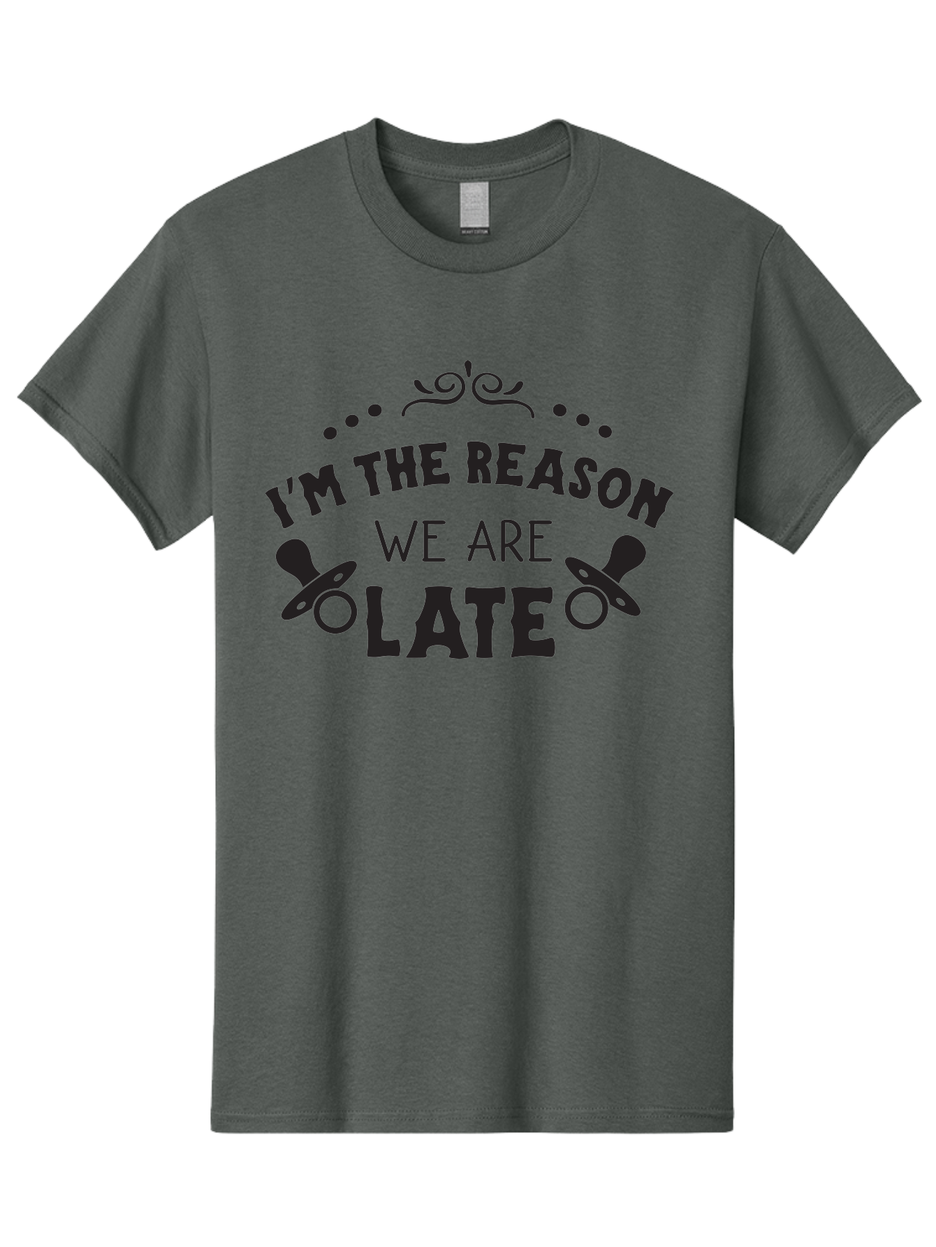 I-M-The-Reason-We-Are-Late Men'S Graphic Tee, 100% Cotton, Comfortable Casual Summer Wear, Machine Washable, Funny Baby Quote, Humorous Parenting Phrase, Adorable Pacifier Graphics, Playful Parenting Humor, Cute Baby Saying, Parenting Jokes, Aac868