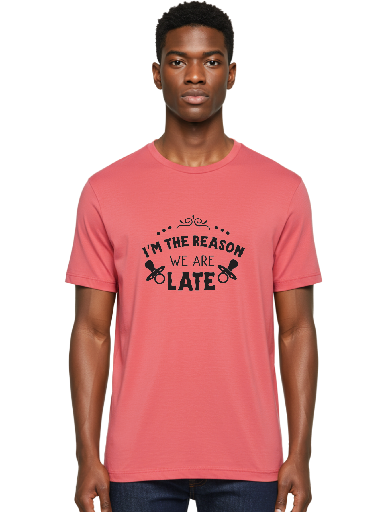 I-M-The-Reason-We-Are-Late Men'S Graphic Tee, 100% Cotton, Comfortable Casual Summer Wear, Machine Washable, Funny Baby Quote, Humorous Parenting Phrase, Adorable Pacifier Graphics, Playful Parenting Humor, Cute Baby Saying, Parenting Jokes, Aac868