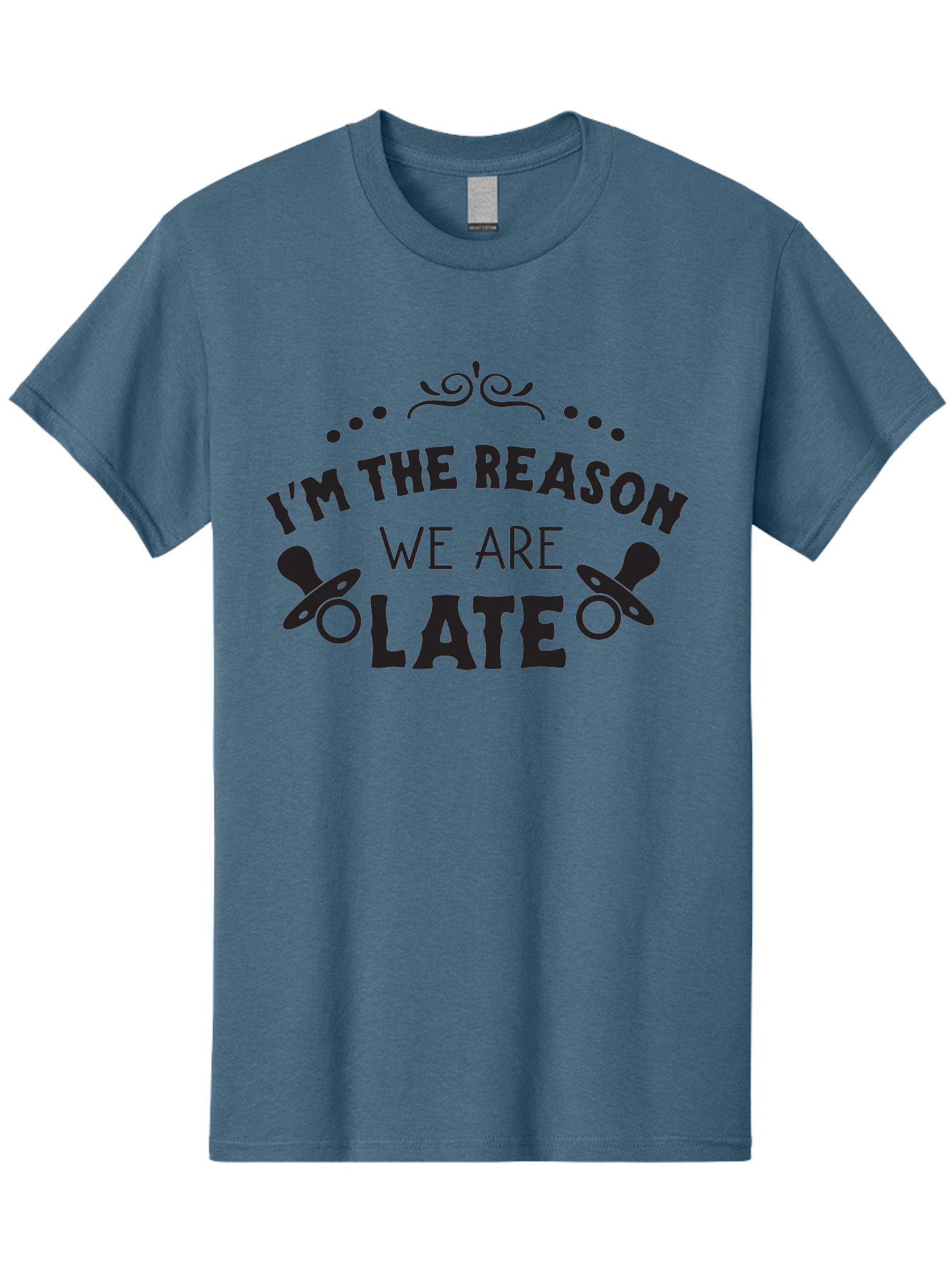 I-M-The-Reason-We-Are-Late Men'S Graphic Tee, 100% Cotton, Comfortable Casual Summer Wear, Machine Washable, Funny Baby Quote, Humorous Parenting Phrase, Adorable Pacifier Graphics, Playful Parenting Humor, Cute Baby Saying, Parenting Jokes, Aac868
