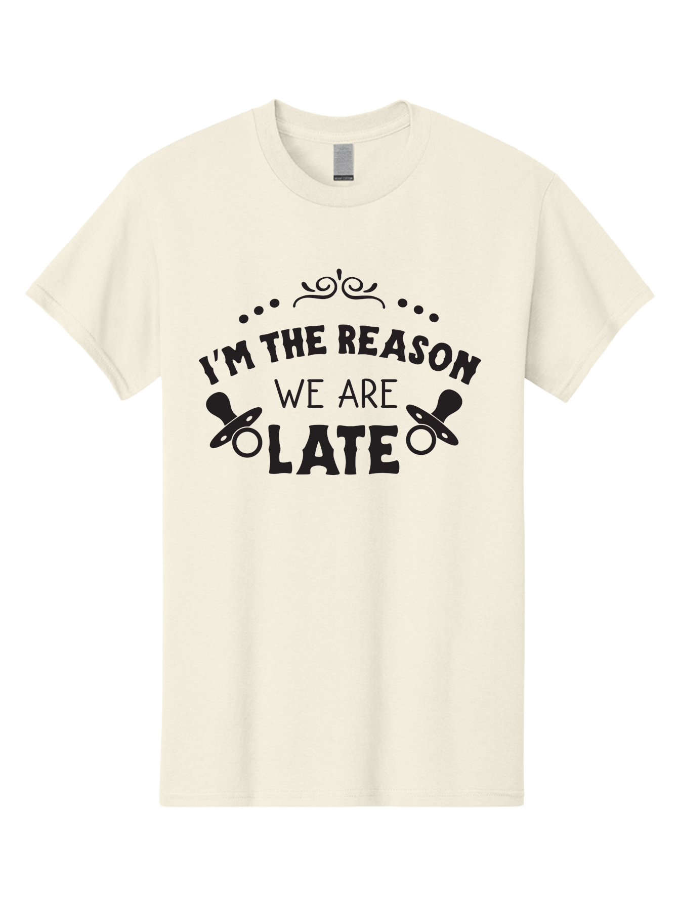 I-M-The-Reason-We-Are-Late Men'S Graphic Tee, 100% Cotton, Comfortable Casual Summer Wear, Machine Washable, Funny Baby Quote, Humorous Parenting Phrase, Adorable Pacifier Graphics, Playful Parenting Humor, Cute Baby Saying, Parenting Jokes, Aac868