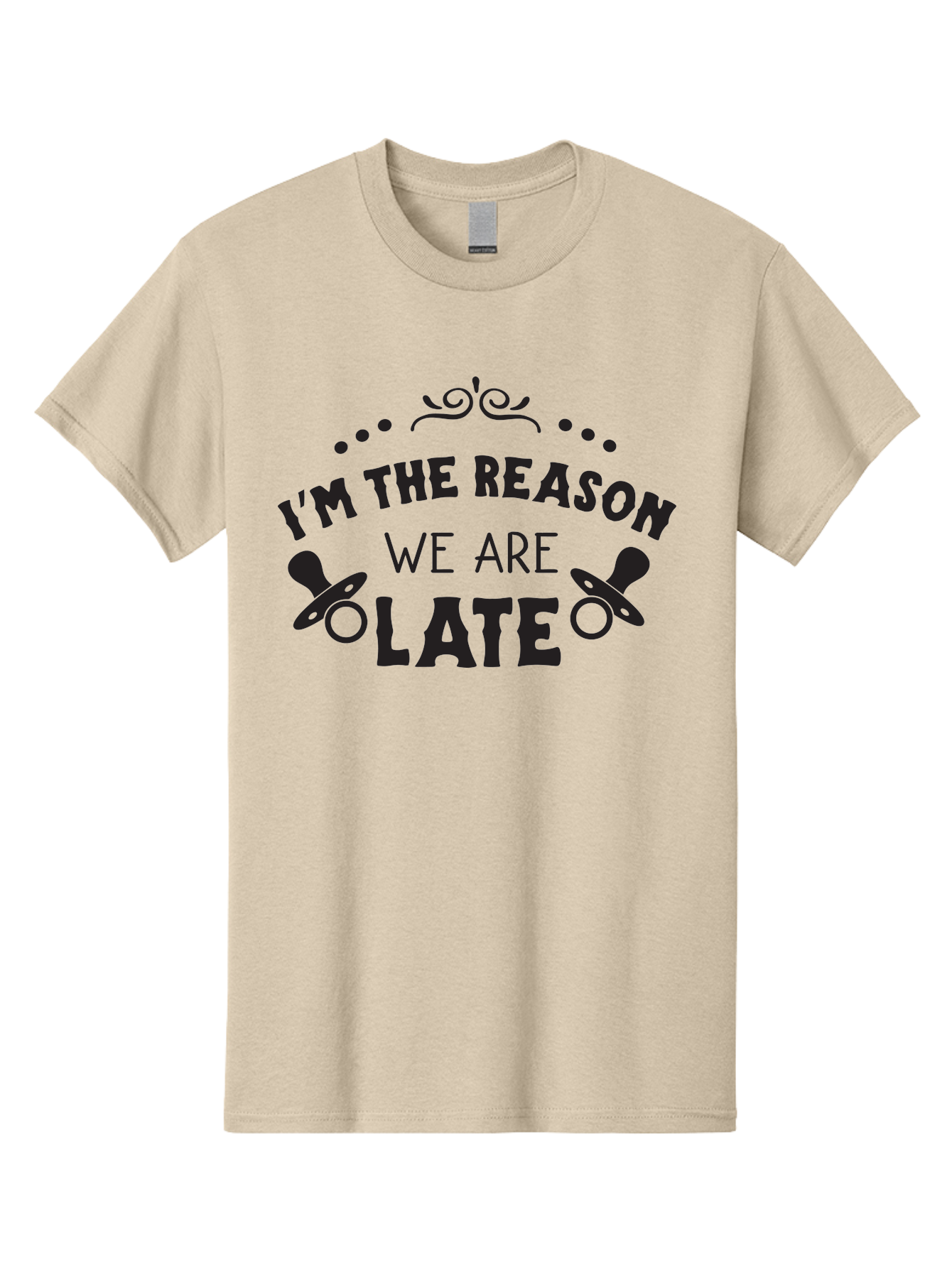 I-M-The-Reason-We-Are-Late Men'S Graphic Tee, 100% Cotton, Comfortable Casual Summer Wear, Machine Washable, Funny Baby Quote, Humorous Parenting Phrase, Adorable Pacifier Graphics, Playful Parenting Humor, Cute Baby Saying, Parenting Jokes, Aac868