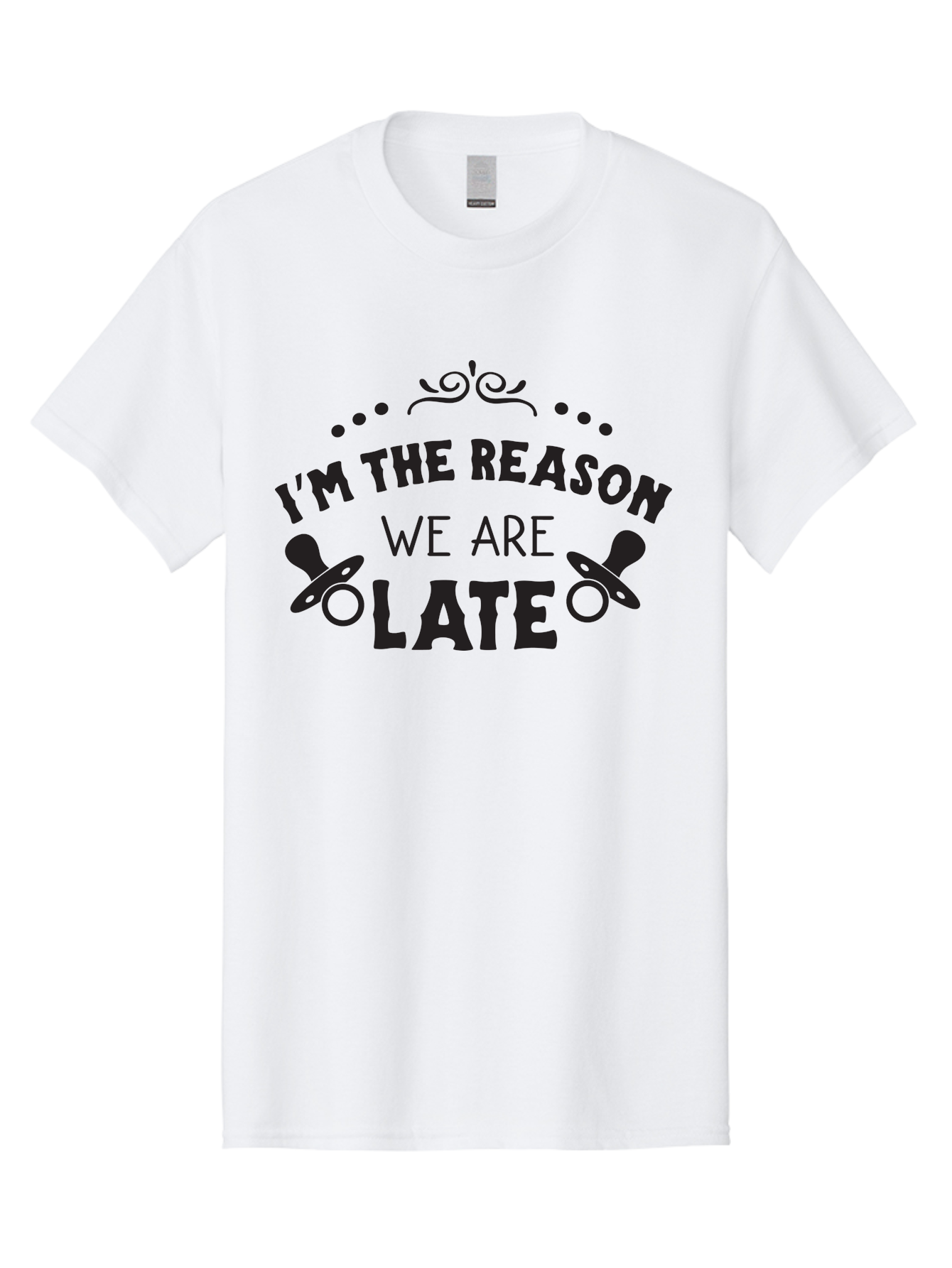 I-M-The-Reason-We-Are-Late Men'S Graphic Tee, 100% Cotton, Comfortable Casual Summer Wear, Machine Washable, Funny Baby Quote, Humorous Parenting Phrase, Adorable Pacifier Graphics, Playful Parenting Humor, Cute Baby Saying, Parenting Jokes, Aac868