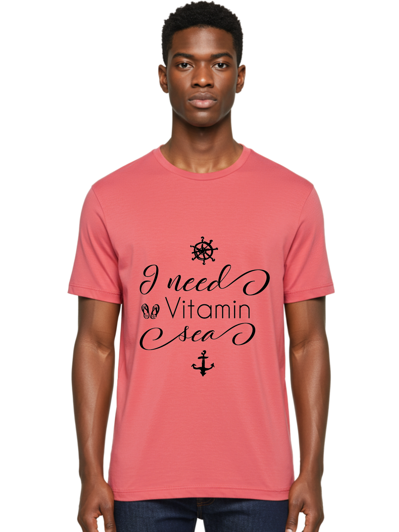 I-Need-Vitamin-Sea Men'S Graphic Tee, 100% Cotton, Comfortable Casual Summer Wear, Machine Washable, Nautical Theme, Ocean Inspiration, Beachy Vibes, Inspirational Quote, Sailing Symbols, Flip Flops, Anchor, Ship'S Wheel Aac872