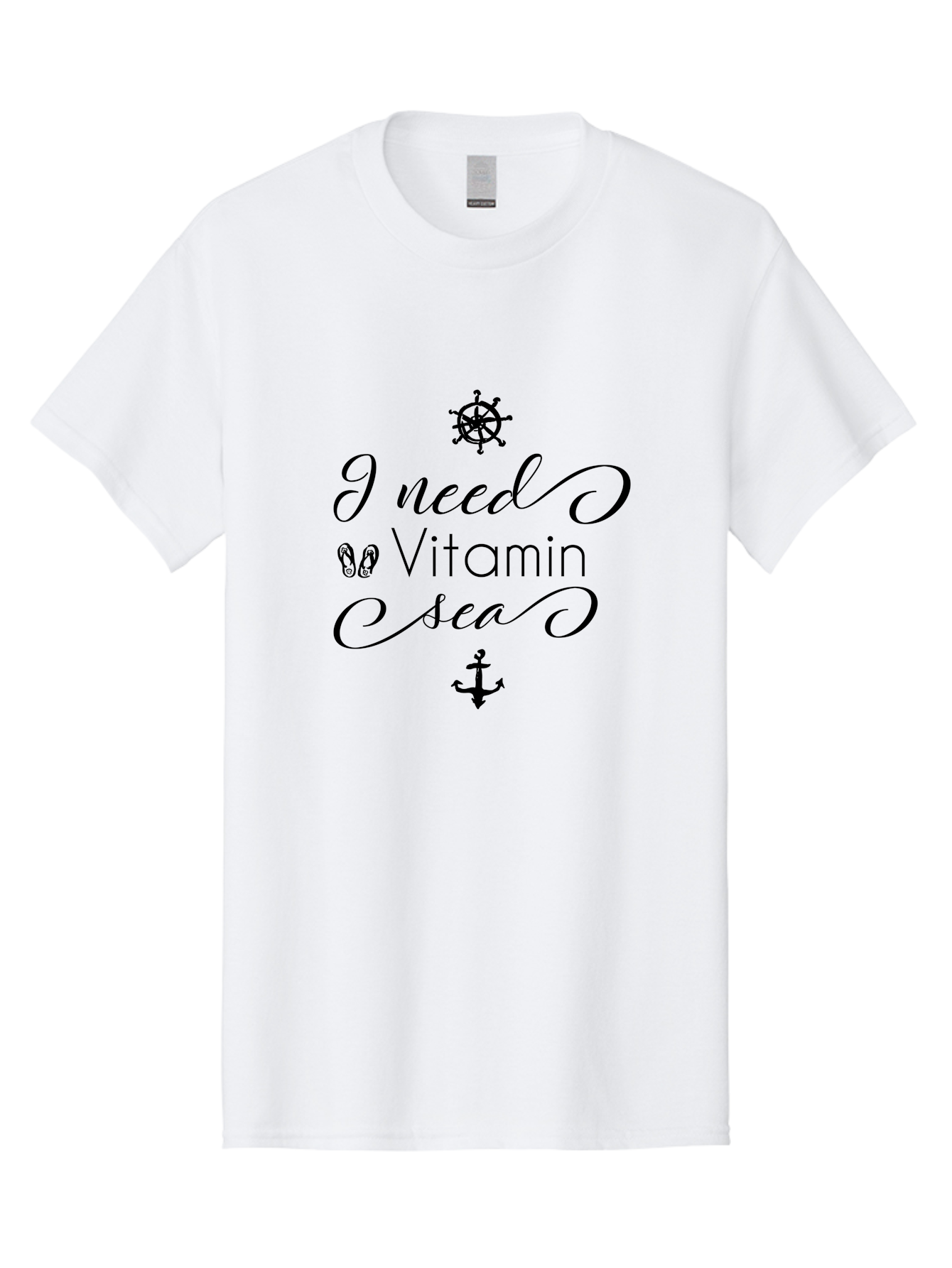 I-Need-Vitamin-Sea Men'S Graphic Tee, 100% Cotton, Comfortable Casual Summer Wear, Machine Washable, Nautical Theme, Ocean Inspiration, Beachy Vibes, Inspirational Quote, Sailing Symbols, Flip Flops, Anchor, Ship'S Wheel Aac872