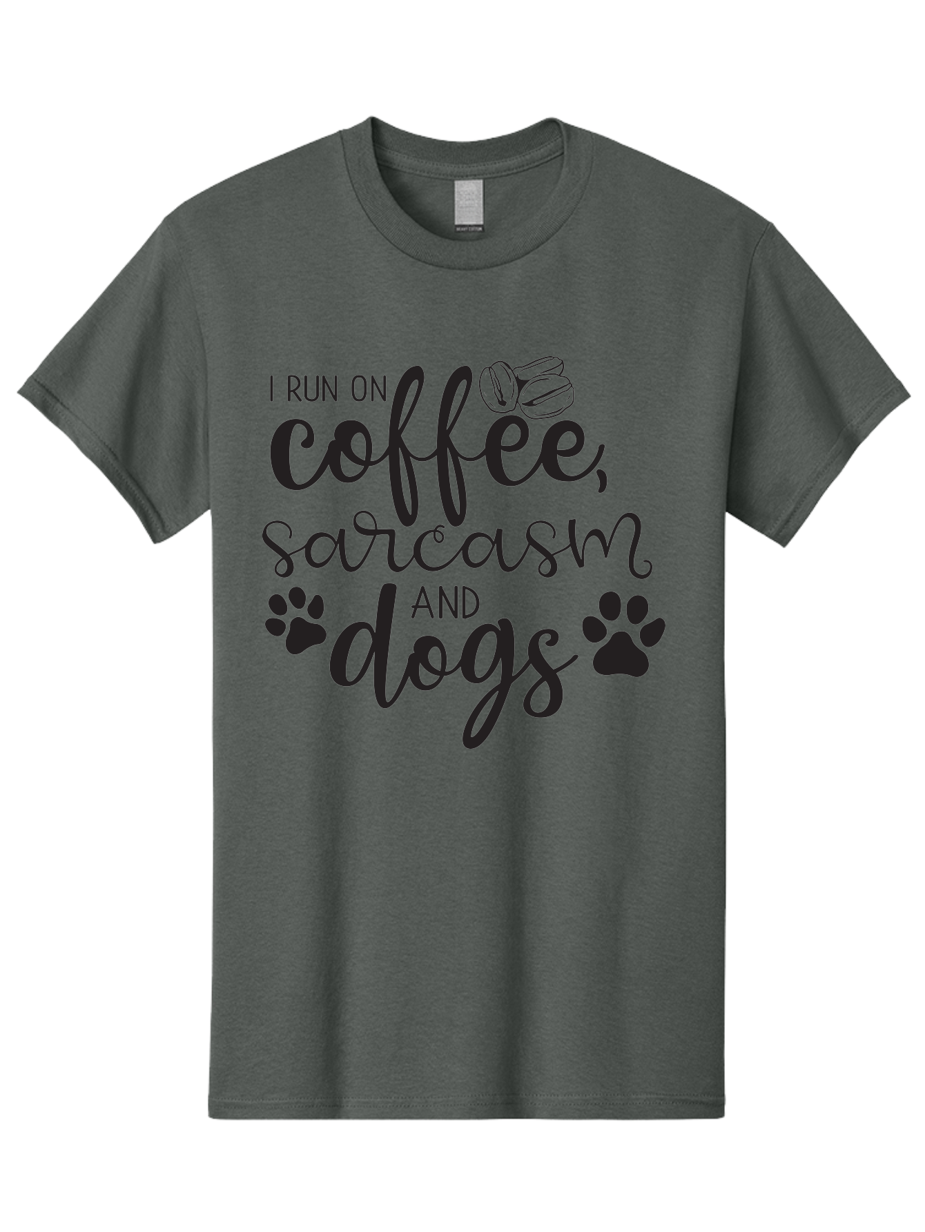 I-Run-On-Coffee-Sarcasm-And-Dogs Men'S Graphic Tee, 100% Cotton, Comfortable Casual Summer Wear, Machine Washable, Funny Quote, Dog Lovers, Coffee Lovers, Sarcastic Humor, Motivational Quotes, Dog Paw Prints, Coffee Beans Aac876