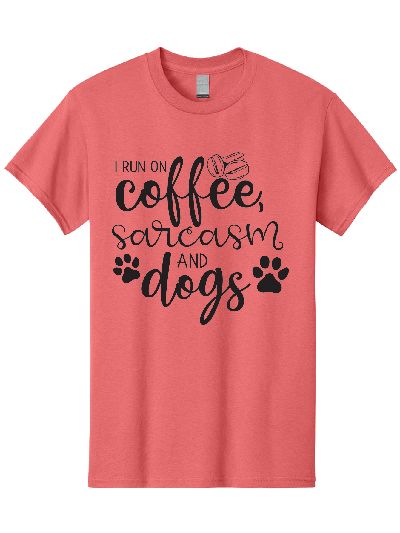 I-Run-On-Coffee-Sarcasm-And-Dogs Men'S Graphic Tee, 100% Cotton, Comfortable Casual Summer Wear, Machine Washable, Funny Quote, Dog Lovers, Coffee Lovers, Sarcastic Humor, Motivational Quotes, Dog Paw Prints, Coffee Beans Aac876