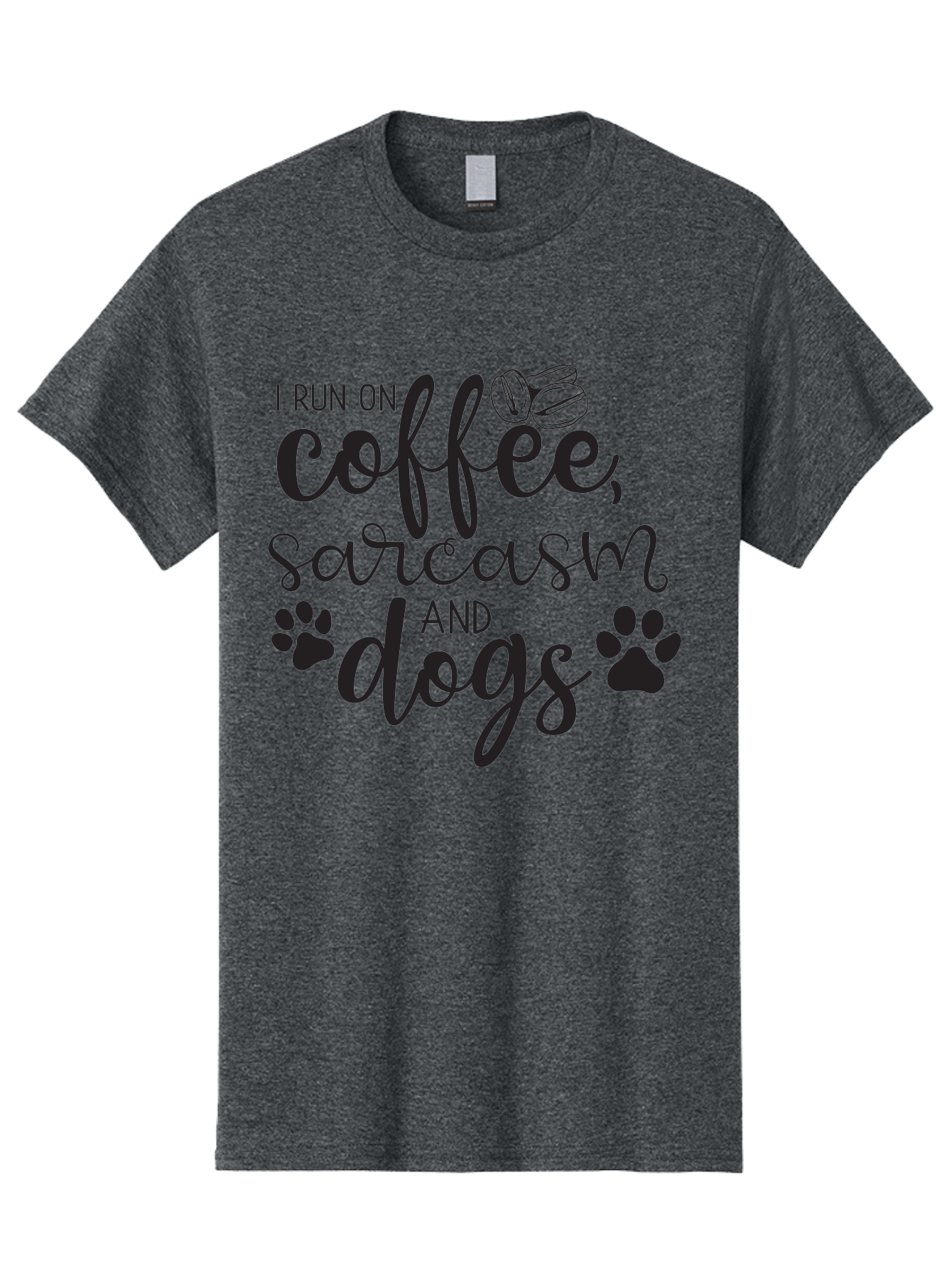 I-Run-On-Coffee-Sarcasm-And-Dogs Men'S Graphic Tee, 100% Cotton, Comfortable Casual Summer Wear, Machine Washable, Funny Quote, Dog Lovers, Coffee Lovers, Sarcastic Humor, Motivational Quotes, Dog Paw Prints, Coffee Beans Aac876