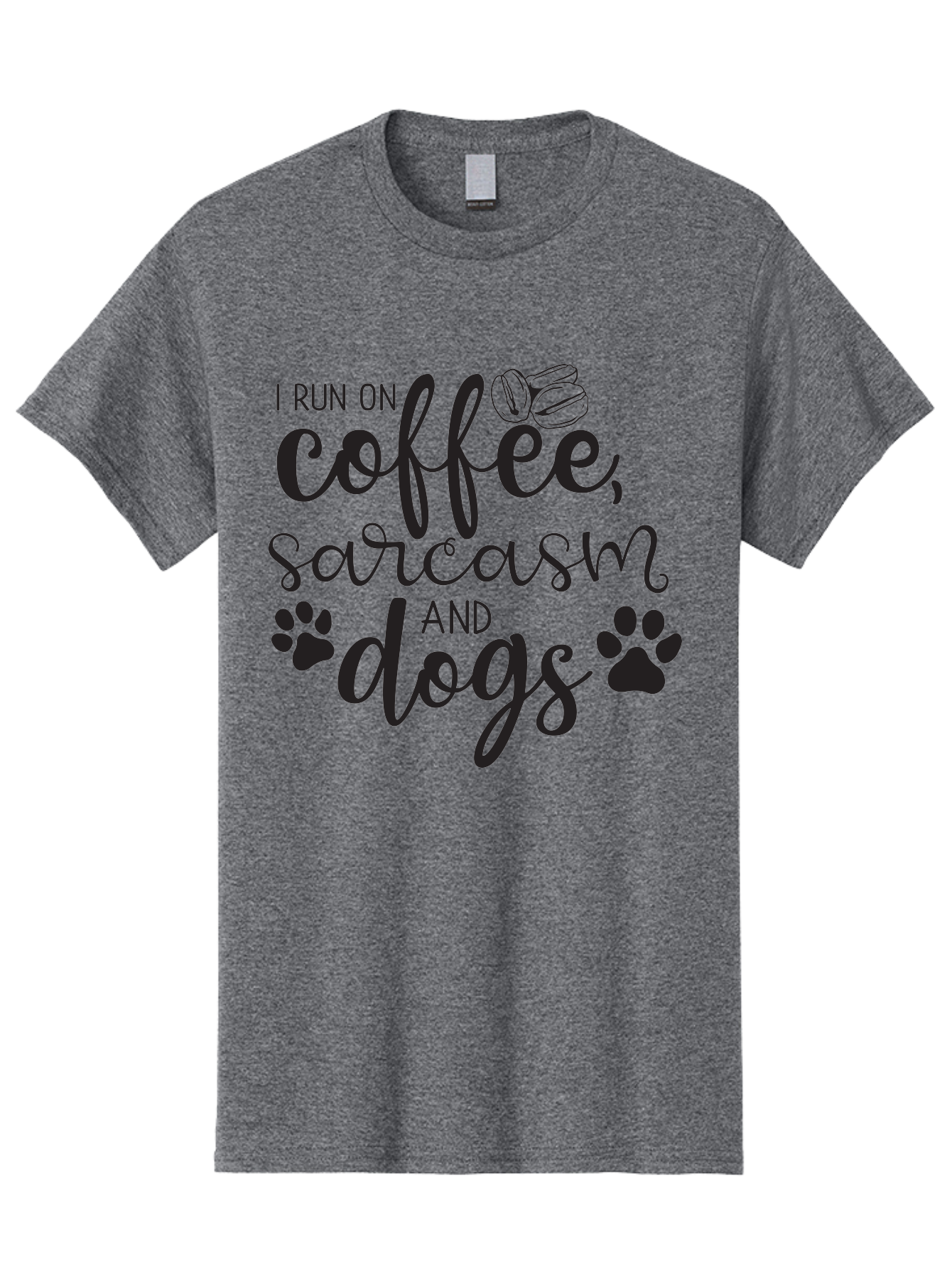 I-Run-On-Coffee-Sarcasm-And-Dogs Men'S Graphic Tee, 100% Cotton, Comfortable Casual Summer Wear, Machine Washable, Funny Quote, Dog Lovers, Coffee Lovers, Sarcastic Humor, Motivational Quotes, Dog Paw Prints, Coffee Beans Aac876