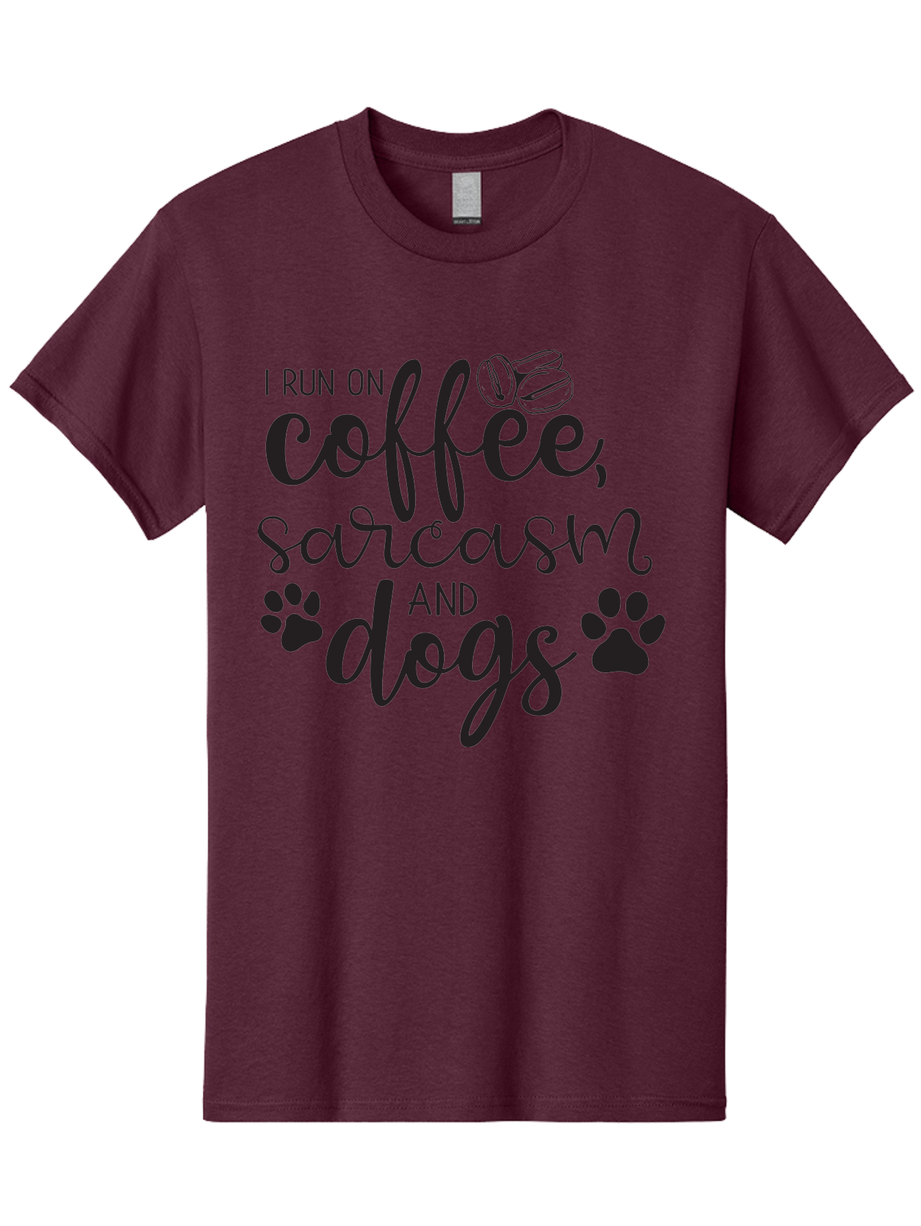 I-Run-On-Coffee-Sarcasm-And-Dogs Men'S Graphic Tee, 100% Cotton, Comfortable Casual Summer Wear, Machine Washable, Funny Quote, Dog Lovers, Coffee Lovers, Sarcastic Humor, Motivational Quotes, Dog Paw Prints, Coffee Beans Aac876