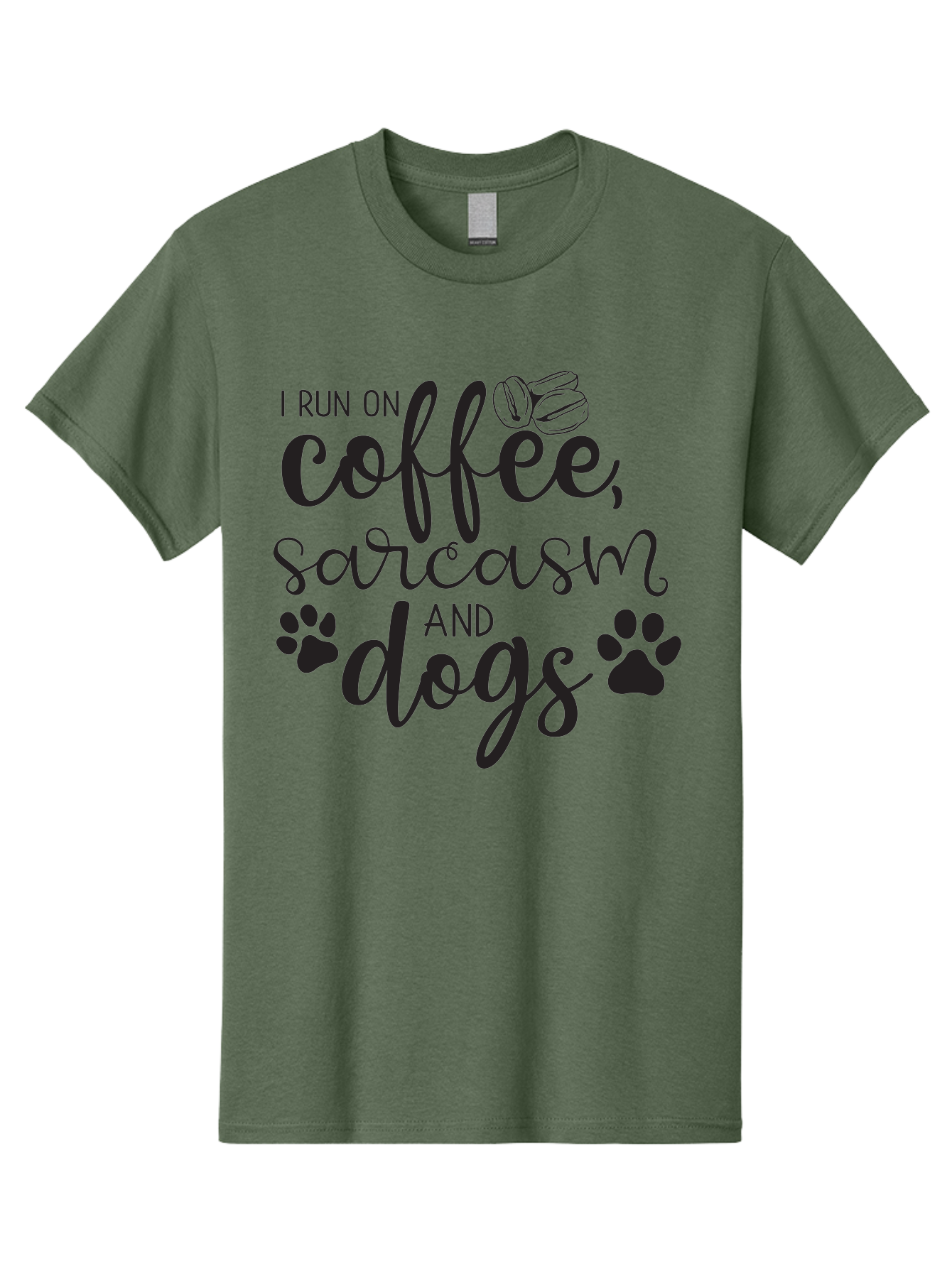 I-Run-On-Coffee-Sarcasm-And-Dogs Men'S Graphic Tee, 100% Cotton, Comfortable Casual Summer Wear, Machine Washable, Funny Quote, Dog Lovers, Coffee Lovers, Sarcastic Humor, Motivational Quotes, Dog Paw Prints, Coffee Beans Aac876