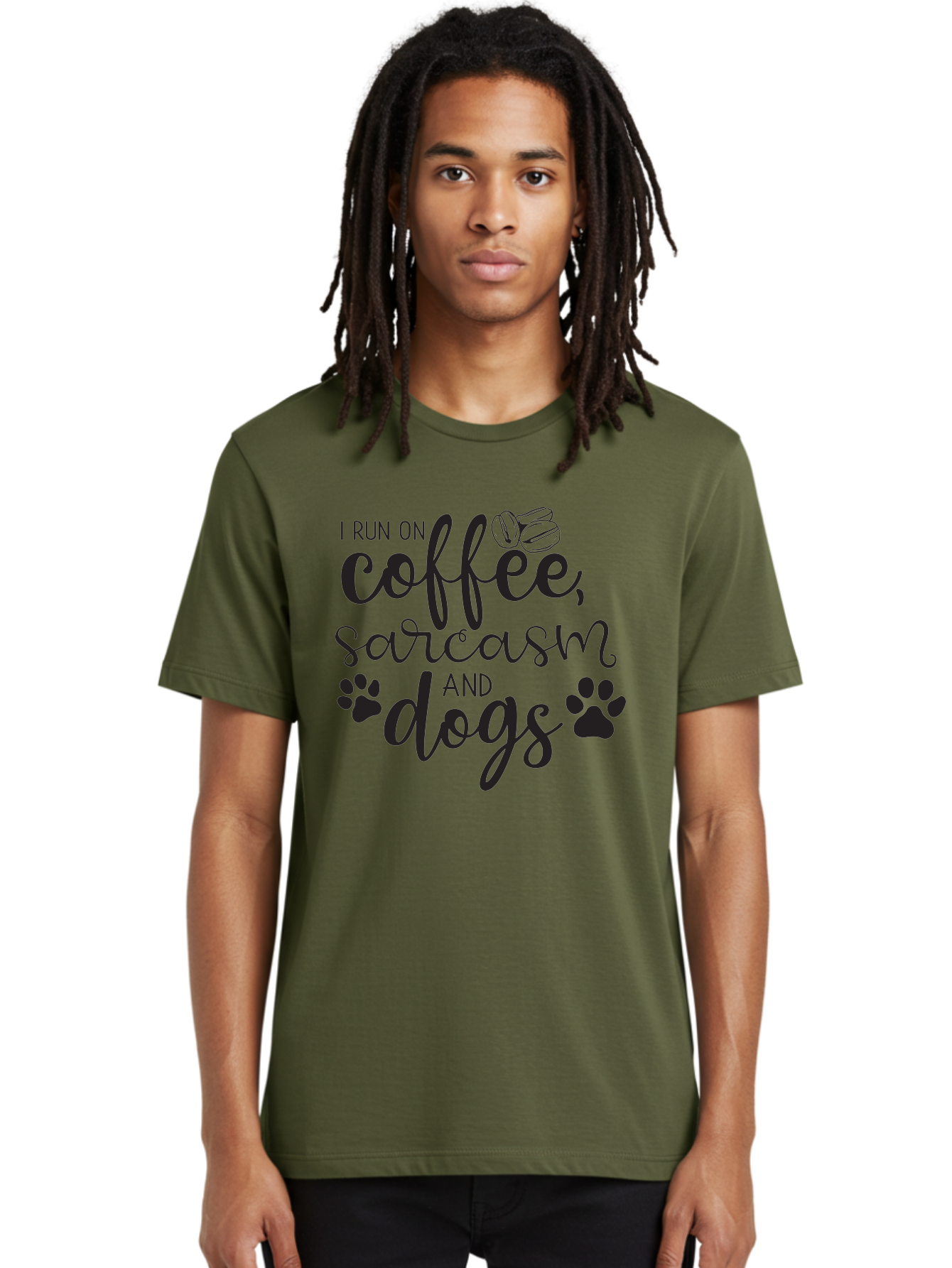 I-Run-On-Coffee-Sarcasm-And-Dogs Men'S Graphic Tee, 100% Cotton, Comfortable Casual Summer Wear, Machine Washable, Funny Quote, Dog Lovers, Coffee Lovers, Sarcastic Humor, Motivational Quotes, Dog Paw Prints, Coffee Beans Aac876