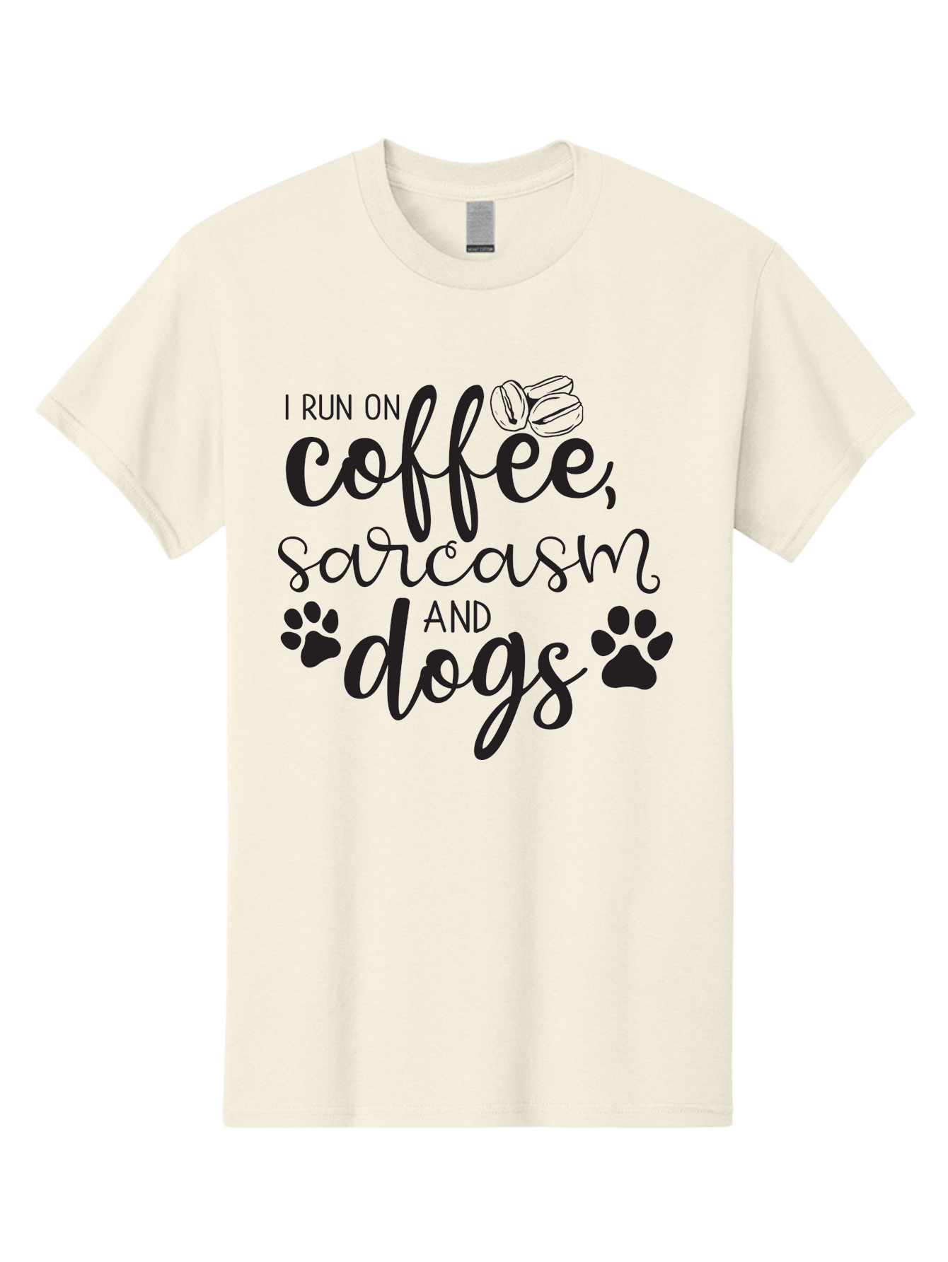 I-Run-On-Coffee-Sarcasm-And-Dogs Men'S Graphic Tee, 100% Cotton, Comfortable Casual Summer Wear, Machine Washable, Funny Quote, Dog Lovers, Coffee Lovers, Sarcastic Humor, Motivational Quotes, Dog Paw Prints, Coffee Beans Aac876