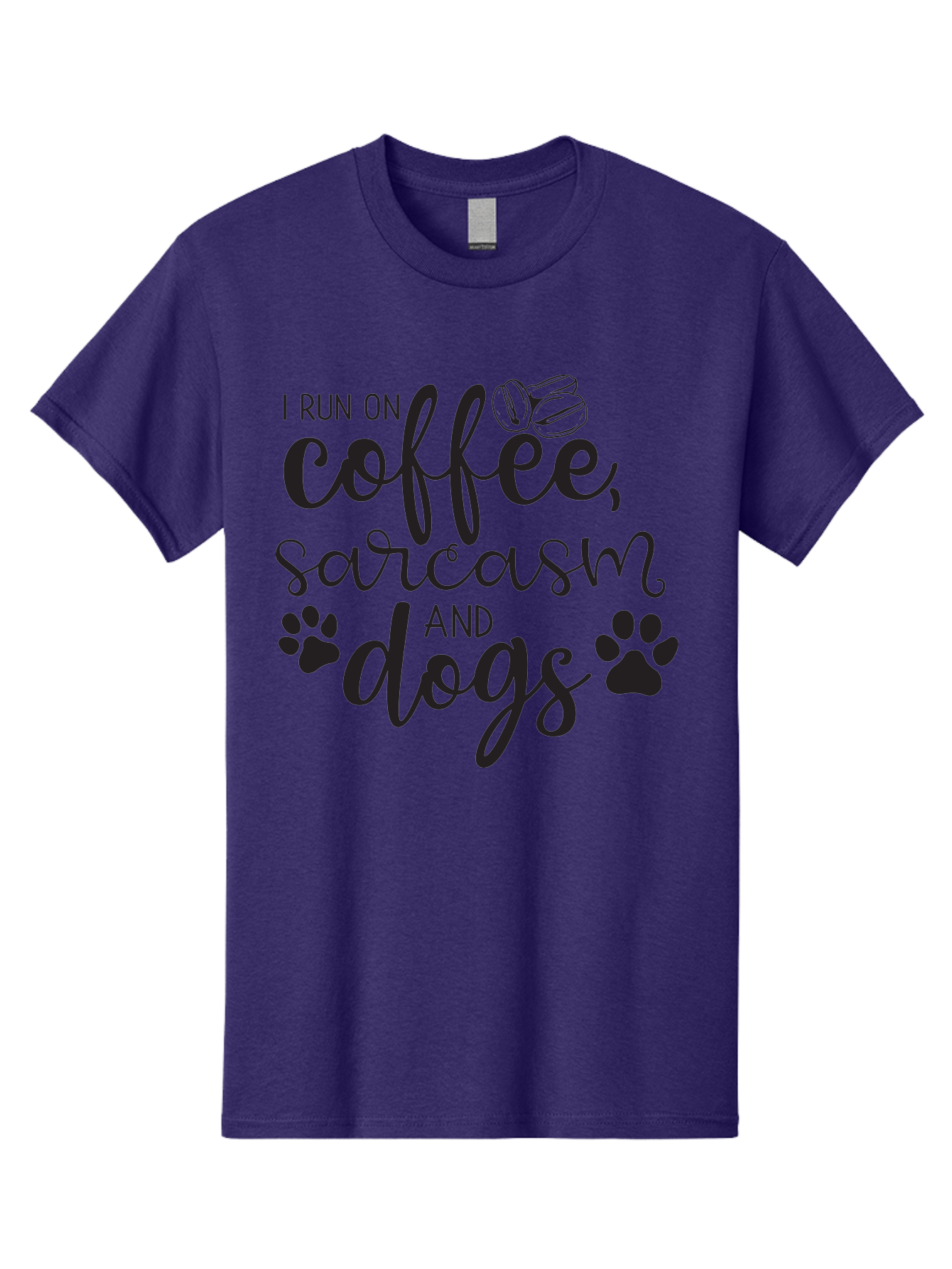 I-Run-On-Coffee-Sarcasm-And-Dogs Men'S Graphic Tee, 100% Cotton, Comfortable Casual Summer Wear, Machine Washable, Funny Quote, Dog Lovers, Coffee Lovers, Sarcastic Humor, Motivational Quotes, Dog Paw Prints, Coffee Beans Aac876