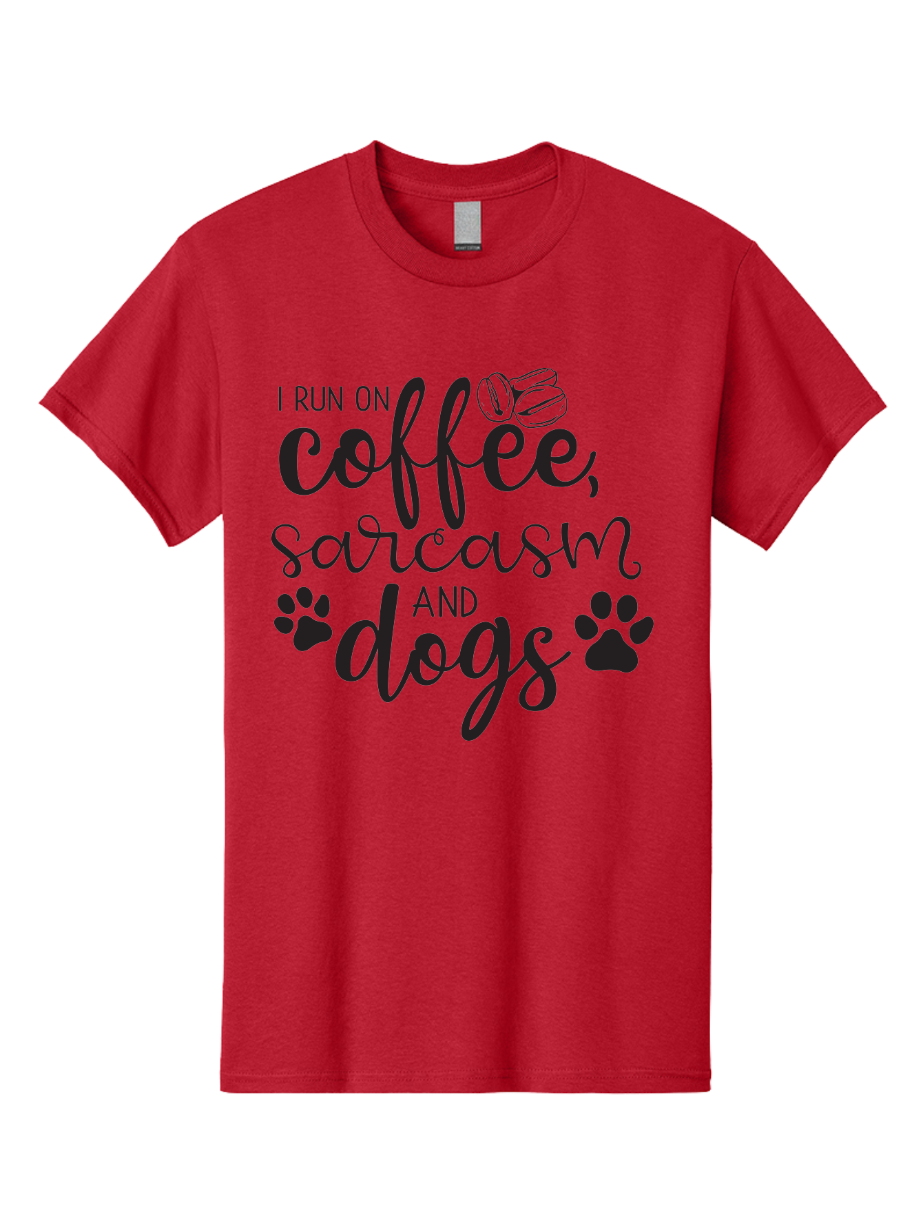I-Run-On-Coffee-Sarcasm-And-Dogs Men'S Graphic Tee, 100% Cotton, Comfortable Casual Summer Wear, Machine Washable, Funny Quote, Dog Lovers, Coffee Lovers, Sarcastic Humor, Motivational Quotes, Dog Paw Prints, Coffee Beans Aac876