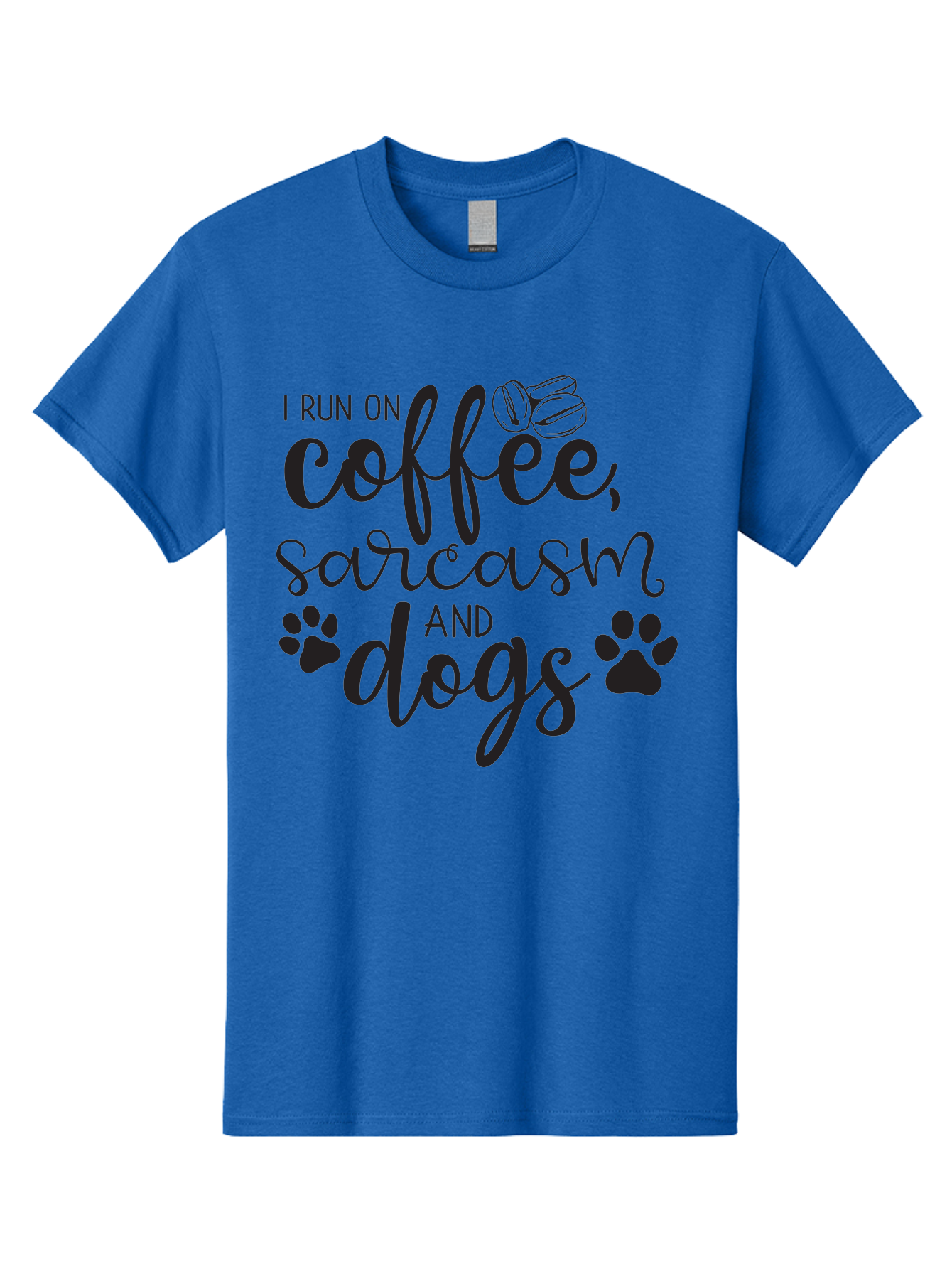 I-Run-On-Coffee-Sarcasm-And-Dogs Men'S Graphic Tee, 100% Cotton, Comfortable Casual Summer Wear, Machine Washable, Funny Quote, Dog Lovers, Coffee Lovers, Sarcastic Humor, Motivational Quotes, Dog Paw Prints, Coffee Beans Aac876