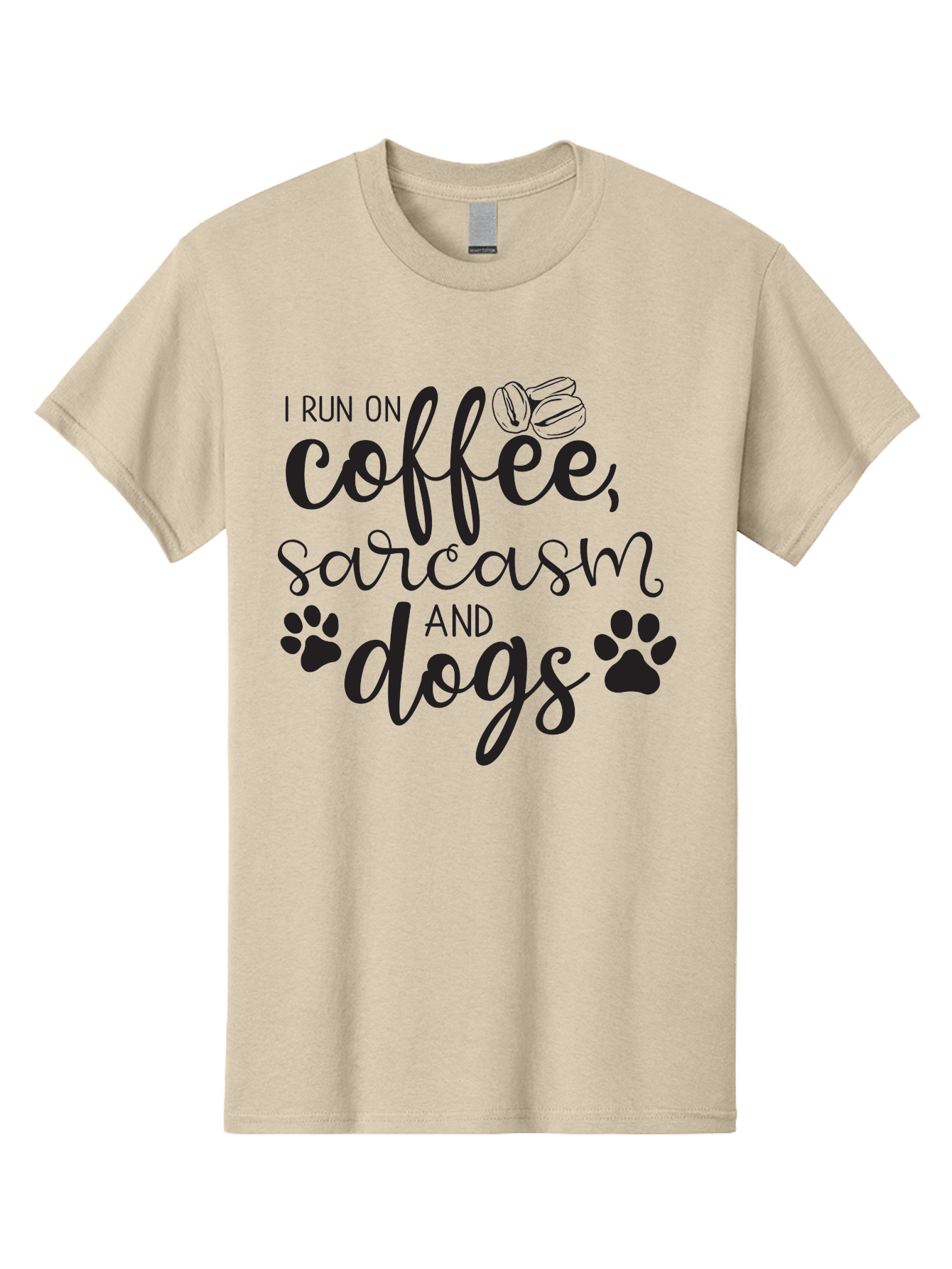 I-Run-On-Coffee-Sarcasm-And-Dogs Men'S Graphic Tee, 100% Cotton, Comfortable Casual Summer Wear, Machine Washable, Funny Quote, Dog Lovers, Coffee Lovers, Sarcastic Humor, Motivational Quotes, Dog Paw Prints, Coffee Beans Aac876