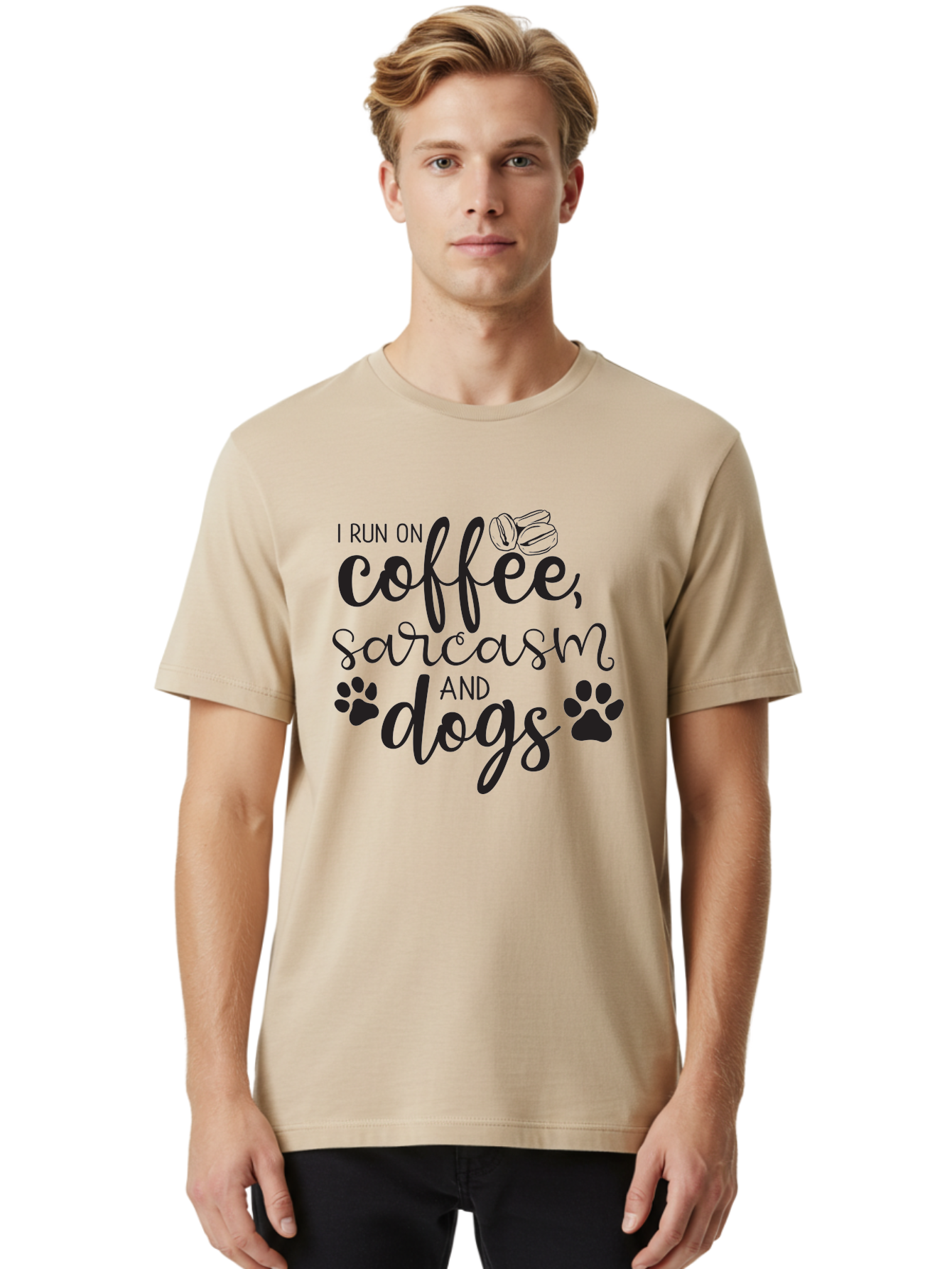 I-Run-On-Coffee-Sarcasm-And-Dogs Men'S Graphic Tee, 100% Cotton, Comfortable Casual Summer Wear, Machine Washable, Funny Quote, Dog Lovers, Coffee Lovers, Sarcastic Humor, Motivational Quotes, Dog Paw Prints, Coffee Beans Aac876