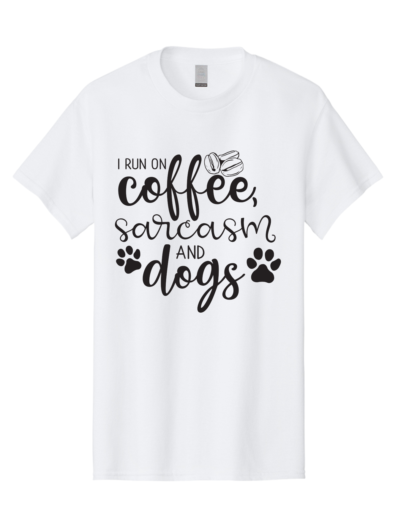 I-Run-On-Coffee-Sarcasm-And-Dogs Men'S Graphic Tee, 100% Cotton, Comfortable Casual Summer Wear, Machine Washable, Funny Quote, Dog Lovers, Coffee Lovers, Sarcastic Humor, Motivational Quotes, Dog Paw Prints, Coffee Beans Aac876