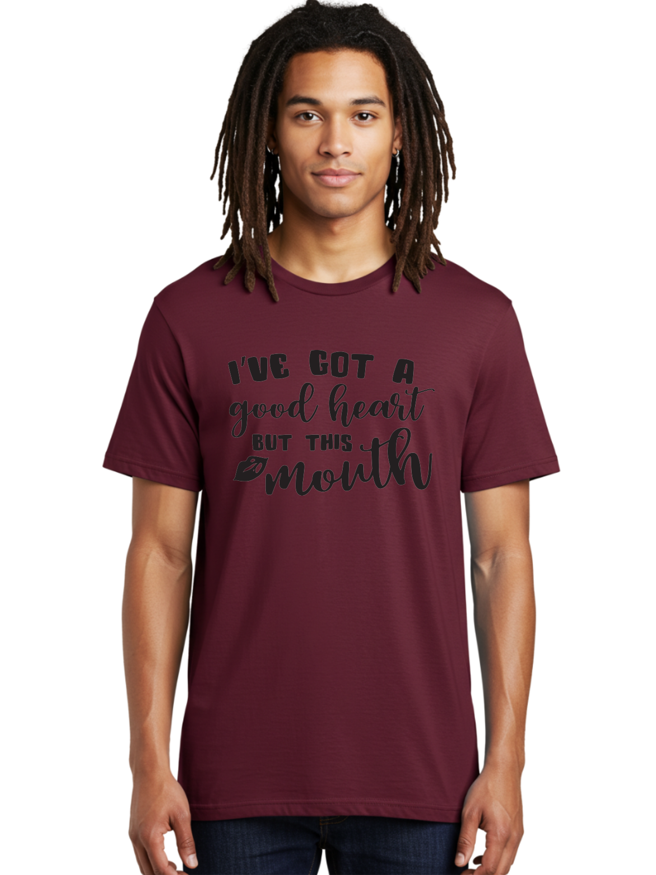 I-Ve-Got-A-Good-Heart-But-This-Mouth Men'S Graphic Tee, 100% Cotton, Comfortable Casual Summer Wear, Machine Washable, Sassy Quote, Good Heart, Lip Prints, Sassy Mouth, Funny Saying, Attitude Quote, Witty Phrase, Sarcastic Humor Aac880
