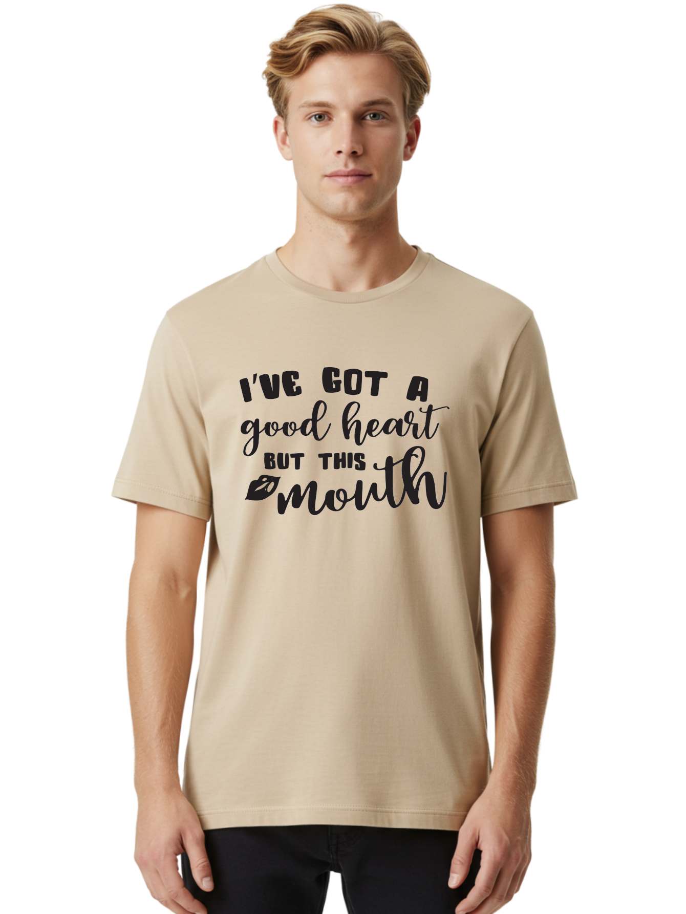 I-Ve-Got-A-Good-Heart-But-This-Mouth Men'S Graphic Tee, 100% Cotton, Comfortable Casual Summer Wear, Machine Washable, Sassy Quote, Good Heart, Lip Prints, Sassy Mouth, Funny Saying, Attitude Quote, Witty Phrase, Sarcastic Humor Aac880