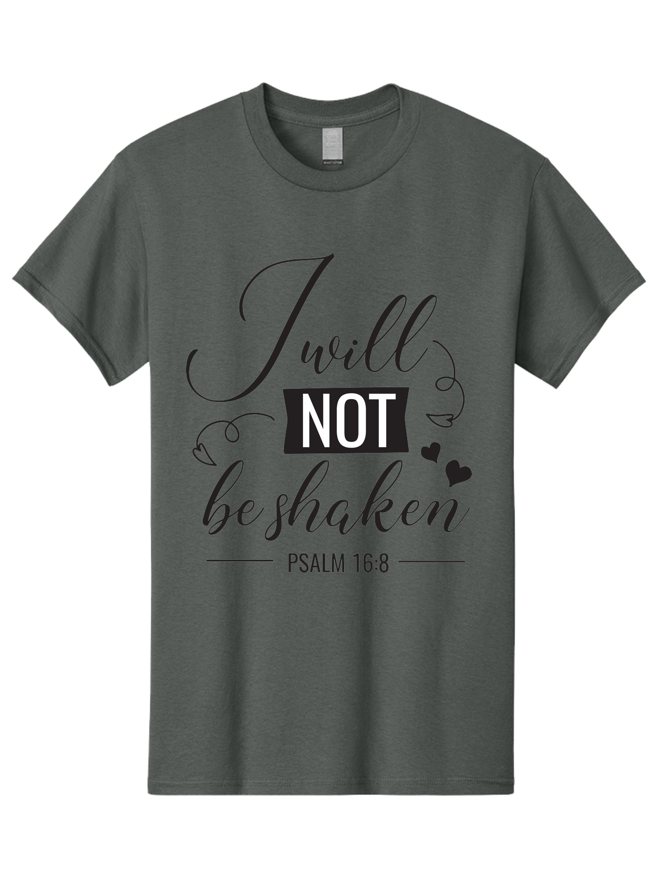 I-Will-Not-Be-Shaken Men'S Graphic Tee, 100% Cotton, Comfortable Casual Summer Wear, Machine Washable, Inspirational Quote, Psalm 16:8, Motivational Phrase, Not Be Shaken, Faith-Based Message, Scripture Quote, Heart Symbols, Typography Design, Aac888